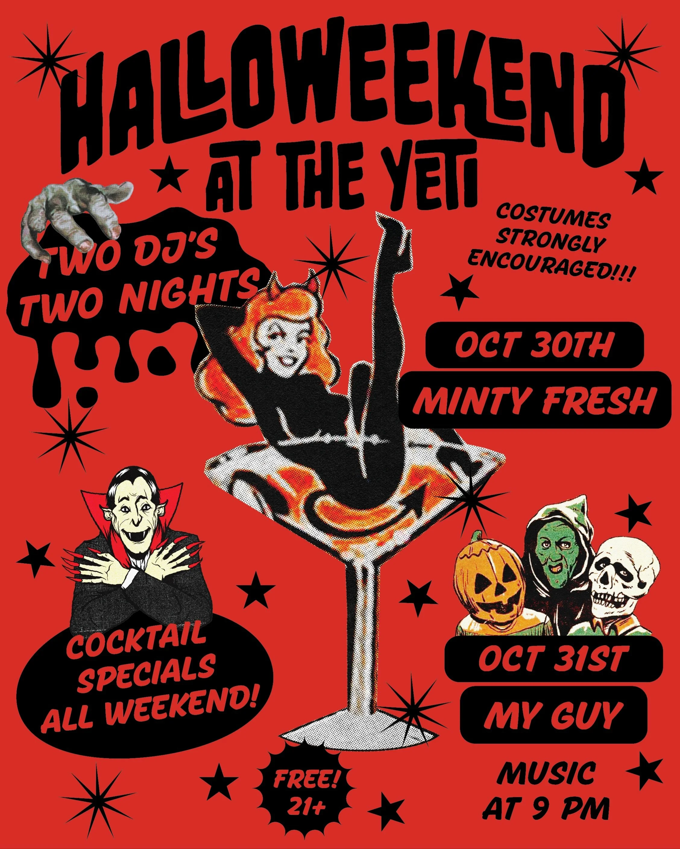 Halloweekend at The Yeti is just around the corner! 👻 Get excited for back to back evenings dancing, drinks, ghouls, &amp; goblins!!! Costumes are highly highly encouraged &amp; the best one might even get a treat. 👀 
10/30 - DJ set by @minty_fresh