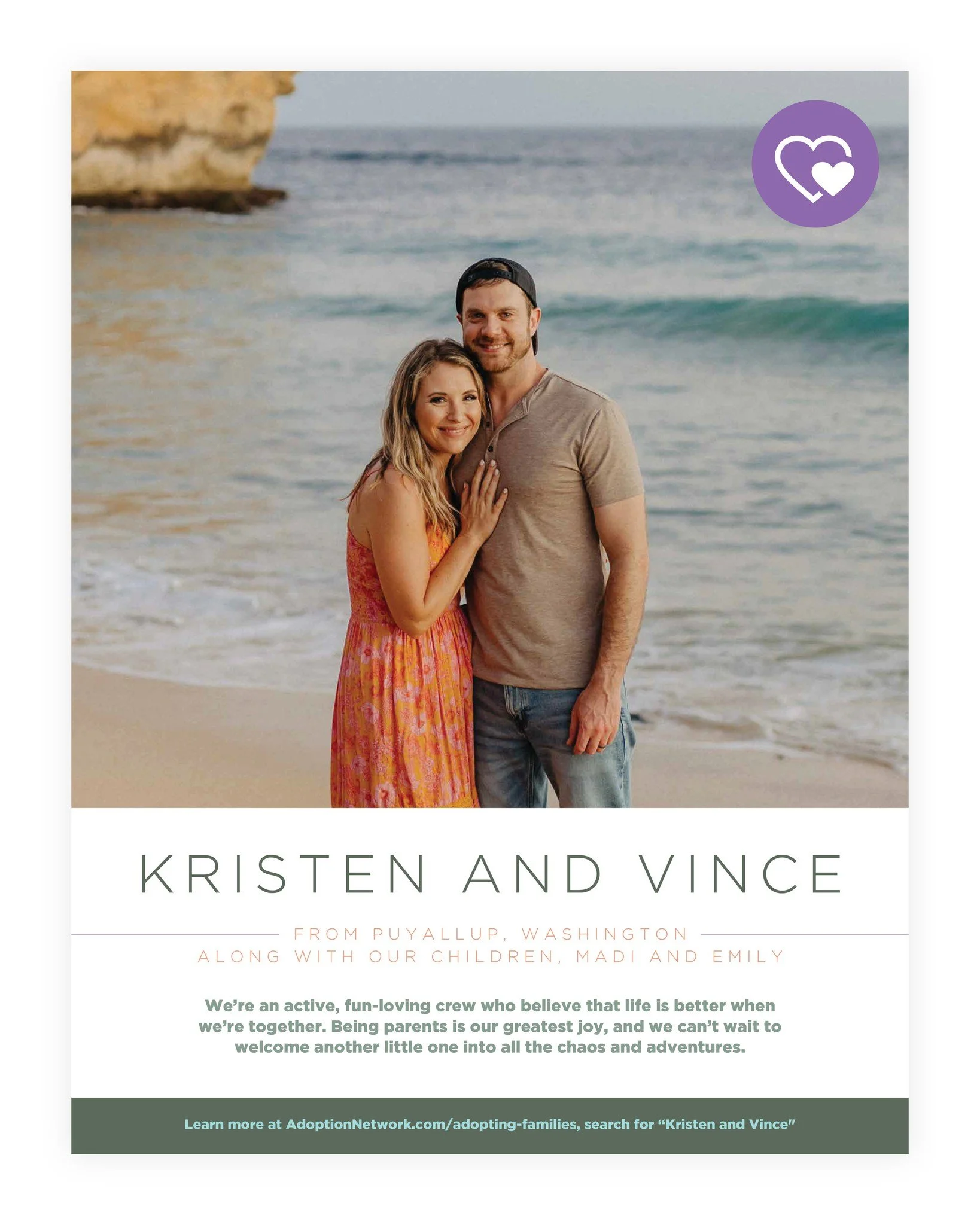 Kristen and Vince&rsquo;s adoption profile for @adoptionnetworklawcenter  embraces a modern, minimal aesthetic with intentional white space and a calming palette of green, blue, and purple. The clean layout allows their story and photos to take cente