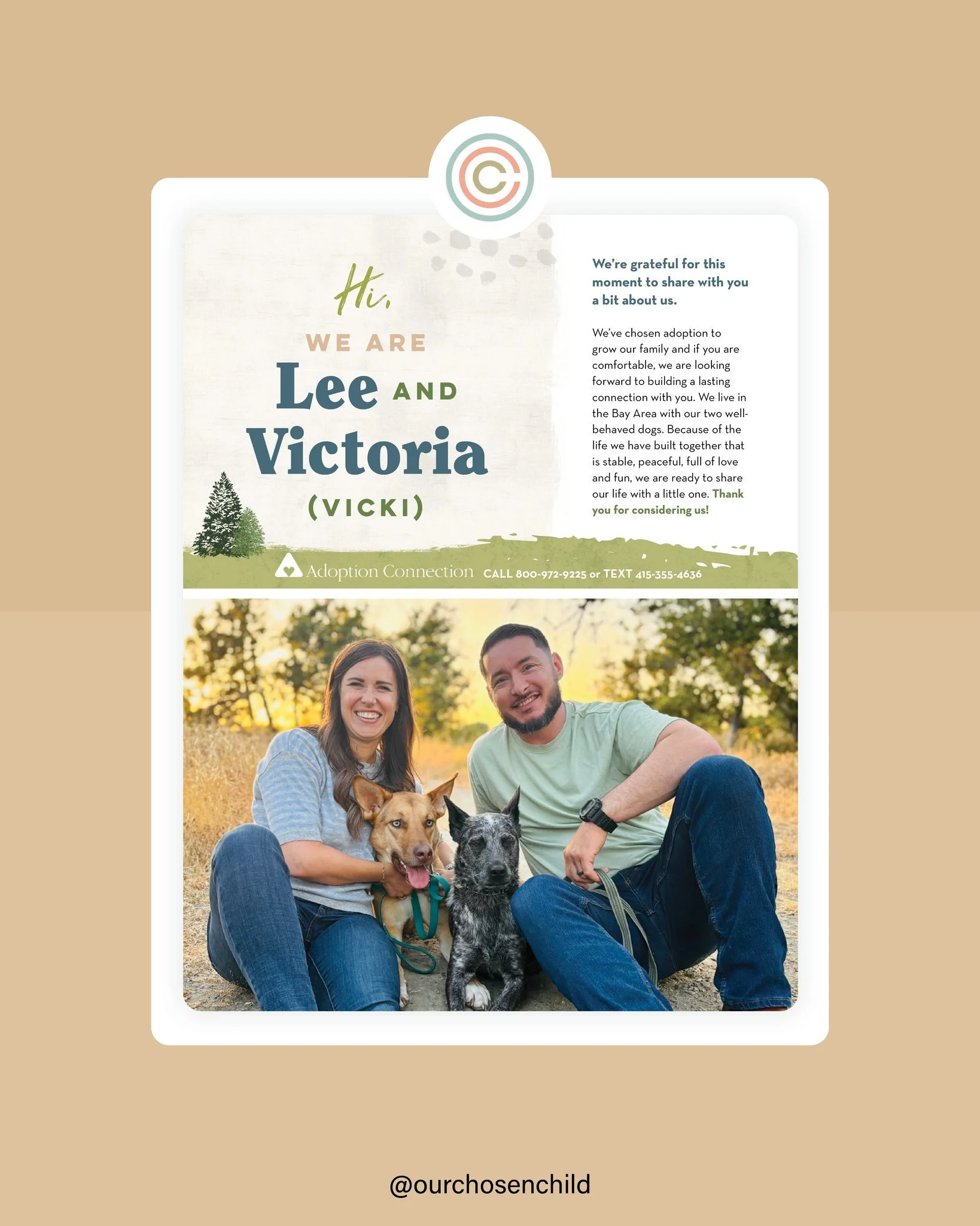 Victoria and Lee&rsquo;s adoption profile reflects their love for adventure and the outdoors. Earthy colors complement photos that capture their favorite outdoor hobbies, creating a profile that feels grounded, warm, and inviting. With plenty of mome