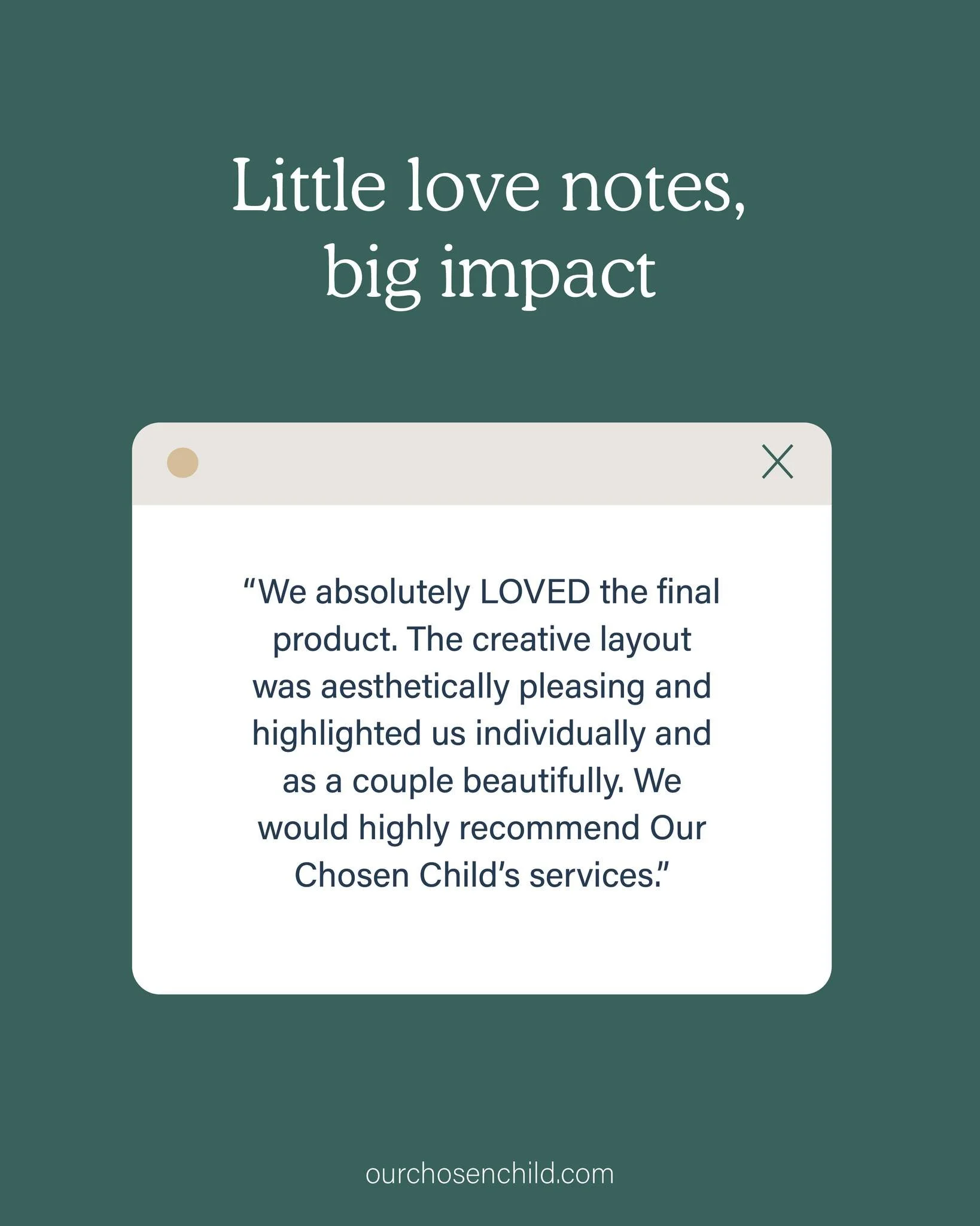 Little love notes, big impact. We&rsquo;re so grateful for feedback like this and for the opportunity to support families in telling their stories with care and creativity. Thank you for trusting Our Chosen Child to highlight what makes your journey 