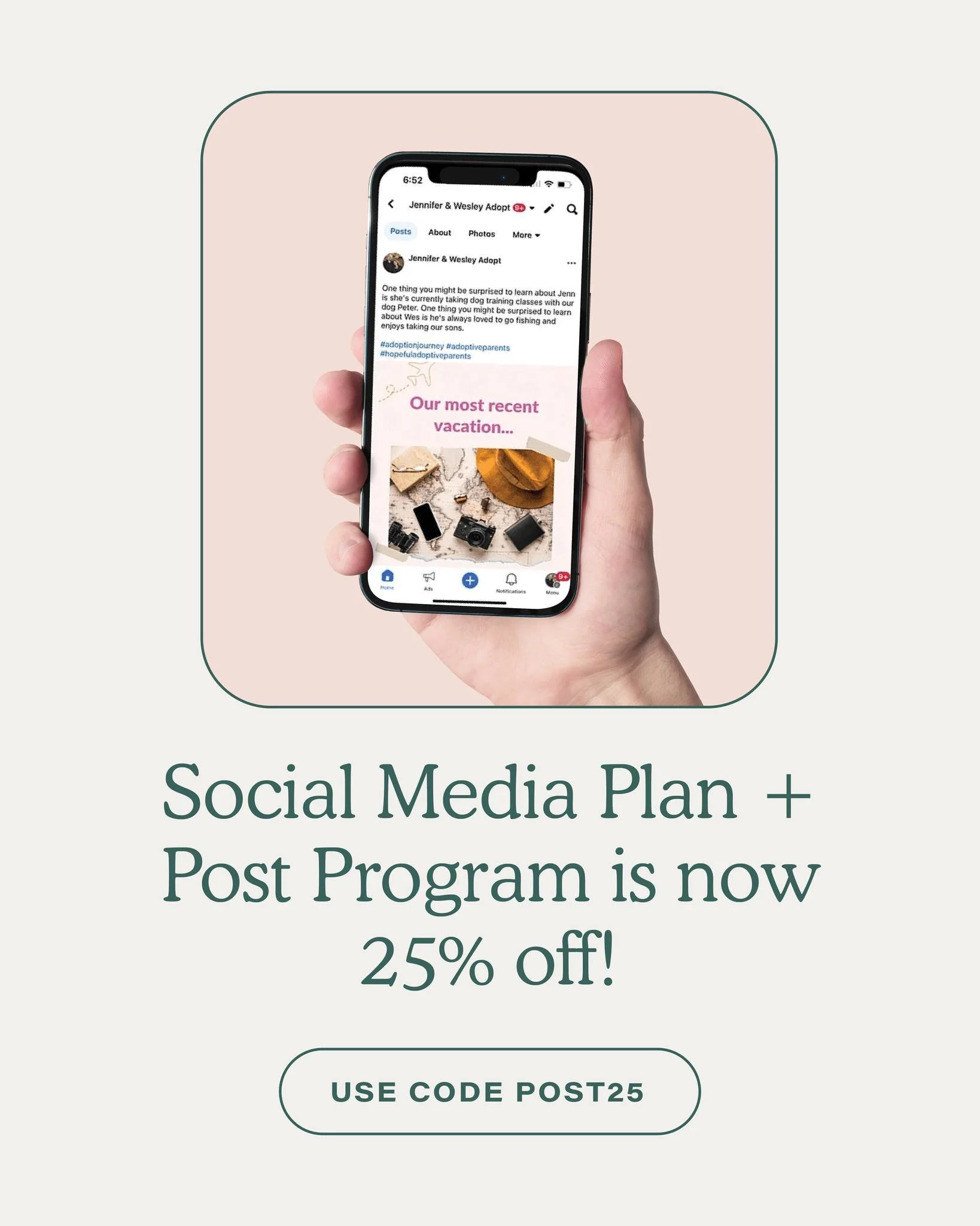 Our 25% off promo starts now! 🤍

Our Social Media Plan + Post Program was created to support hopeful adoptive families sharing their story online with more clarity, consistency, and confidence.

Inside, you&rsquo;ll find six months of curated post p
