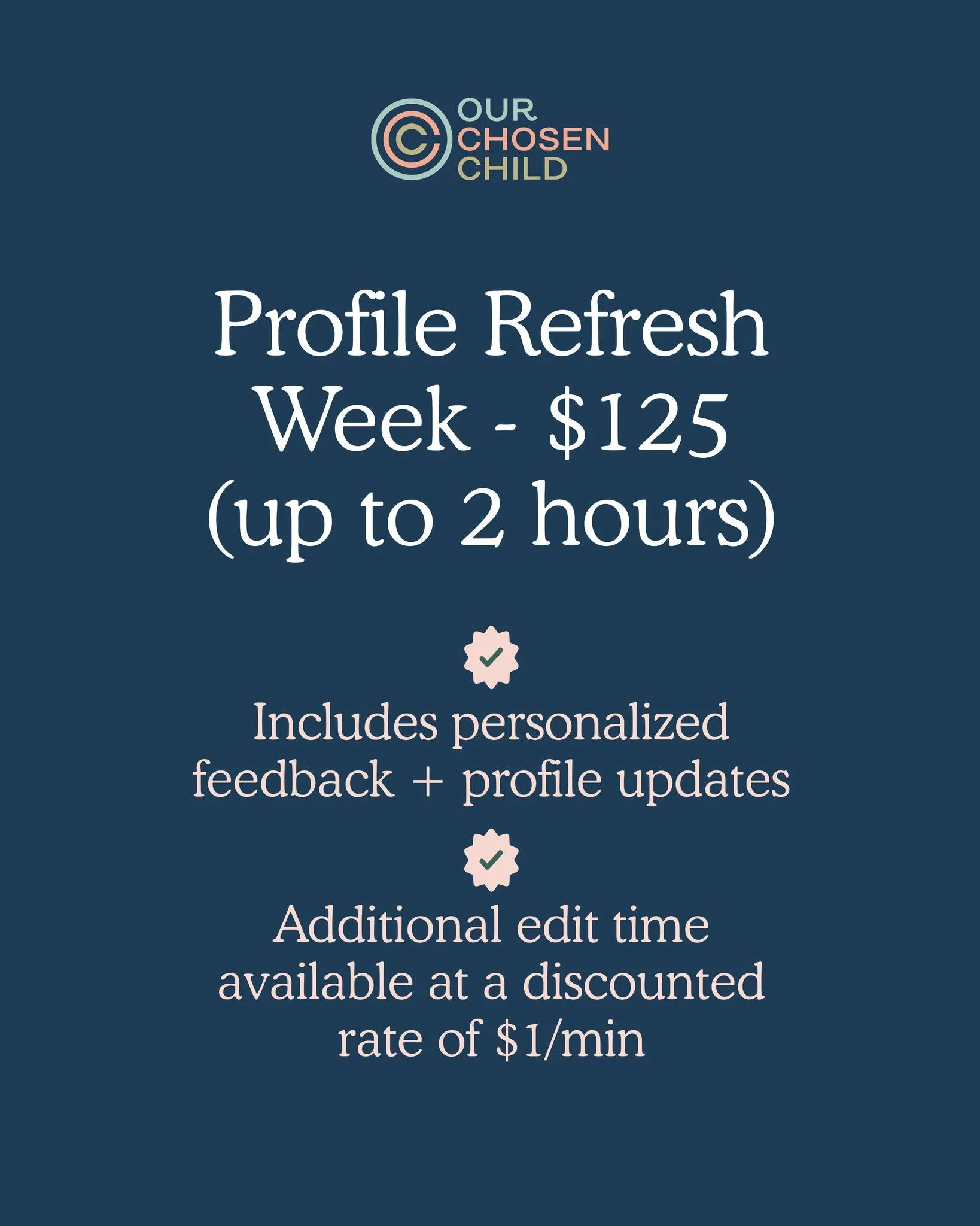 Sometimes it&rsquo;s not about starting over. A simple, thoughtful refresh can help your profile feel more like you and connect in a deeper way.

That&rsquo;s why we're offering Profile Refresh Week! For $125 (up to 2 hours), you&rsquo;ll receive per