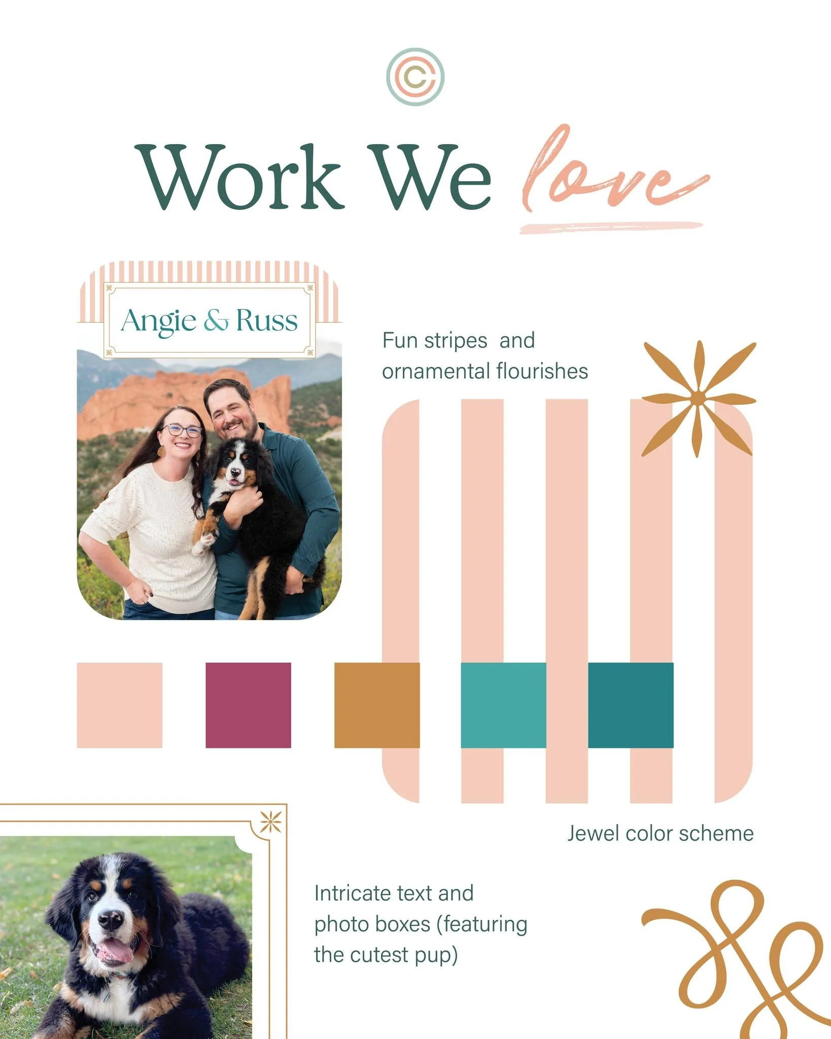 Angie and Russ&rsquo;s profile for their work with @hellobabyadoption is a perfect example of how thoughtful design can bring a family&rsquo;s story to life. Their profile featured rich jewel tones, ornamental flourishes, intricate text and photo box