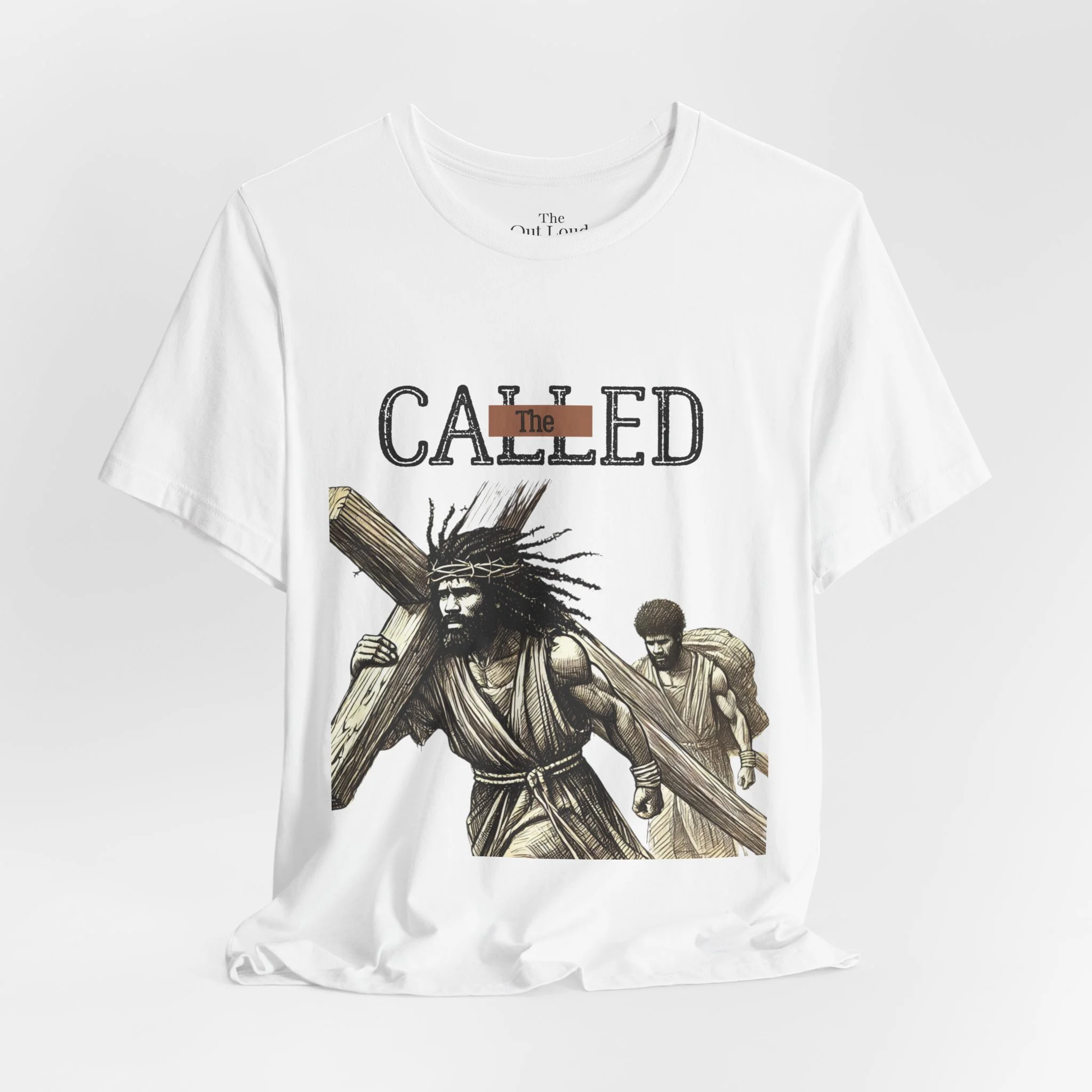 White T-shirt with a graphic of Jesus Christ carrying a cross, with two followers behind him and the words 'He Called The' above.
