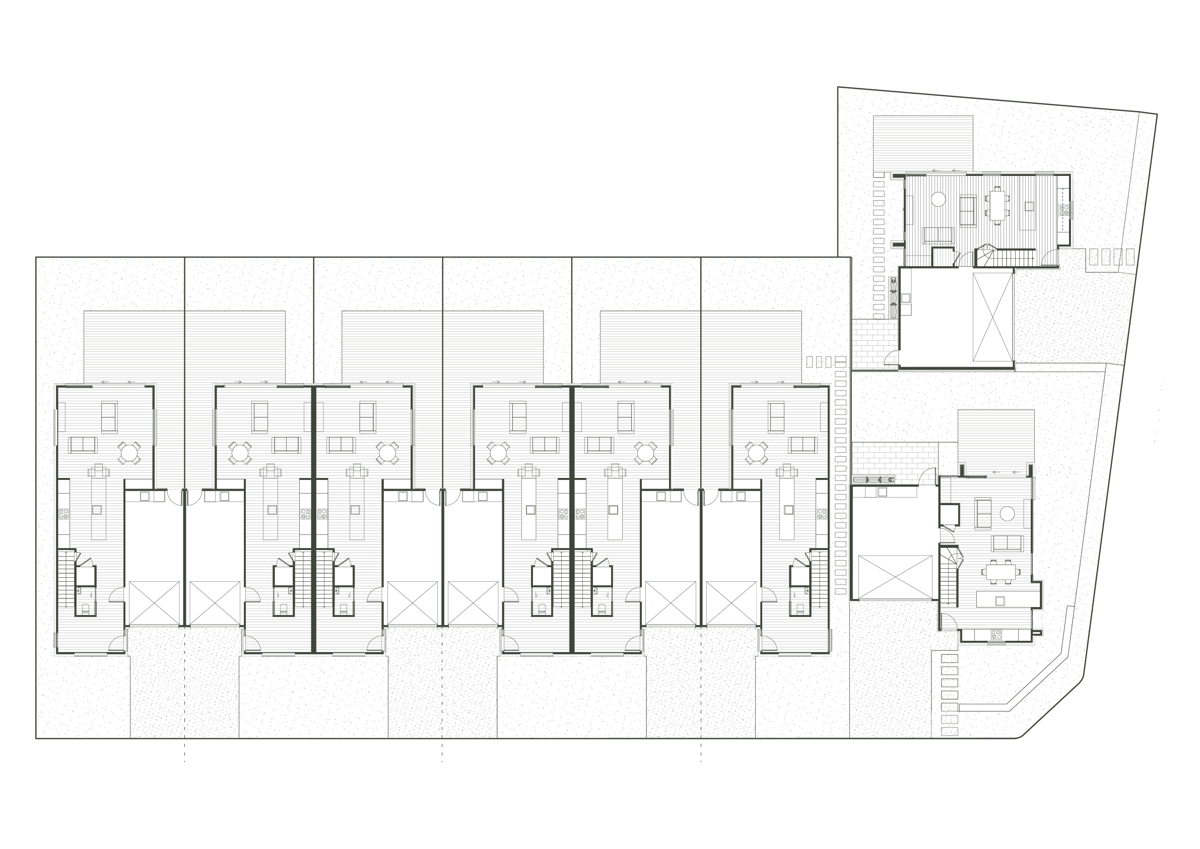Architectural blueprint of a building with a detailed floor plan, including rooms, furniture, and structural elements.