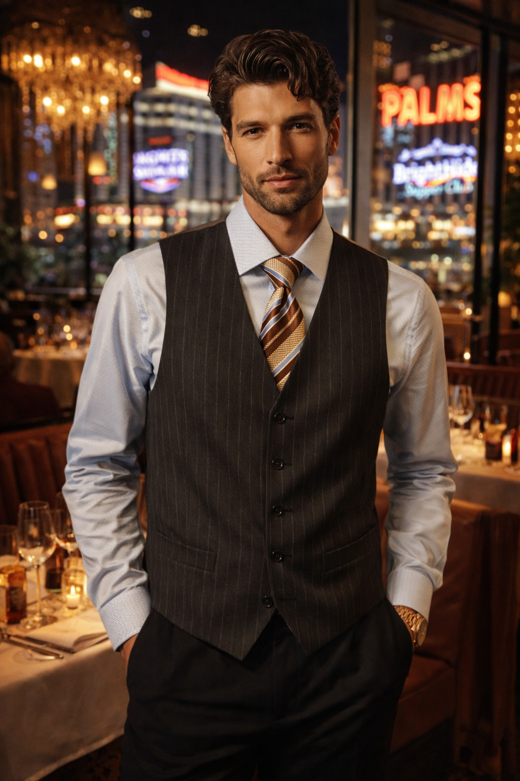 Zegna silk tie, vintage Ralph Lauren vest, custom shirt tailored restraint with just enough attitude

Sunday best or Las Vegas after dark,
a well-dressed man is always irresistible, quietly assured