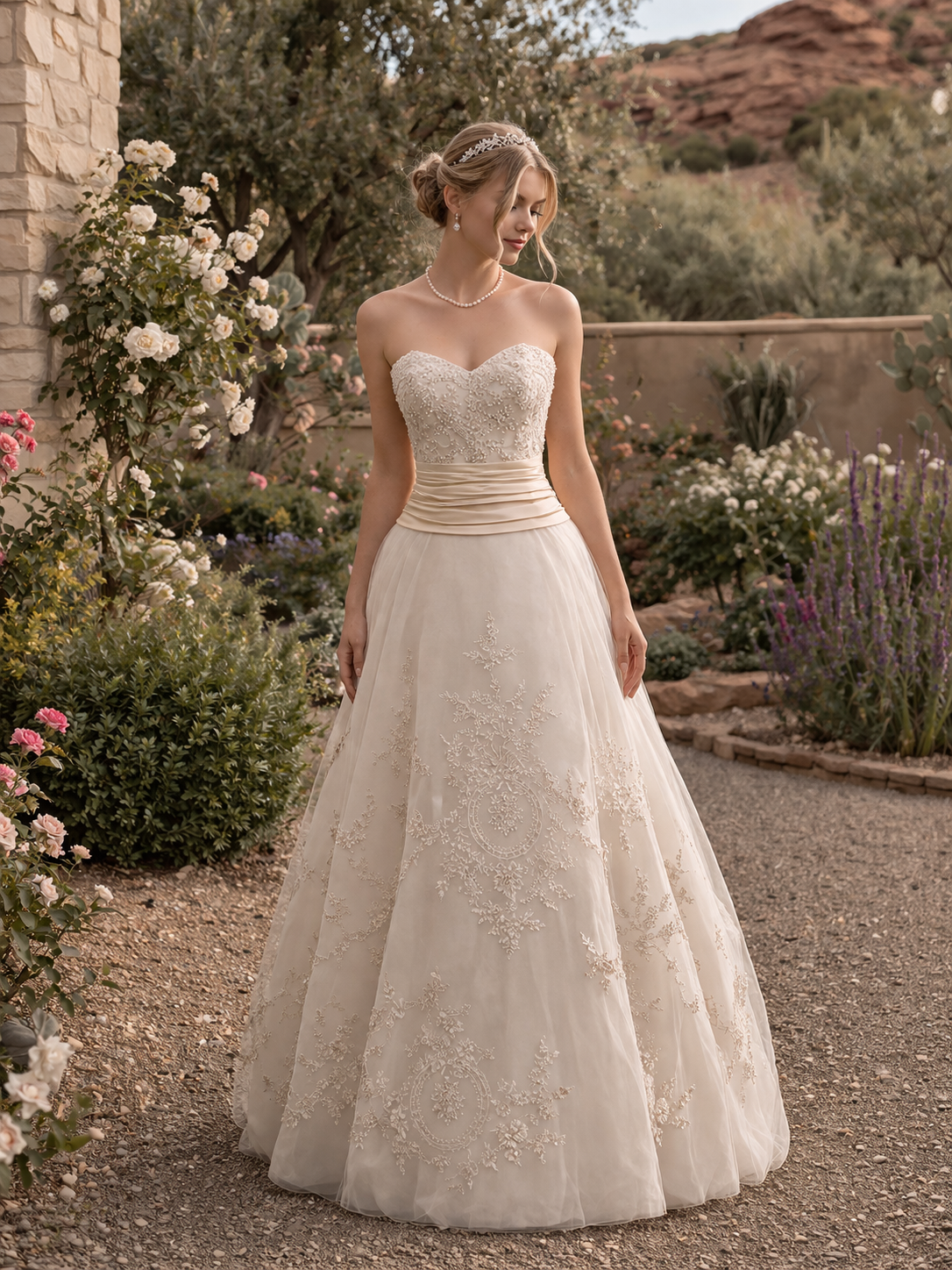 A stunning bridal gown in size 8, 
elegant silk cream waistband, intricate lace appliqué, soft layers of tulle, and delicate pearl and Swarovski crystal detailing throughout. Exceptional craftsmanship.

In excellent condition and was worn only for a 