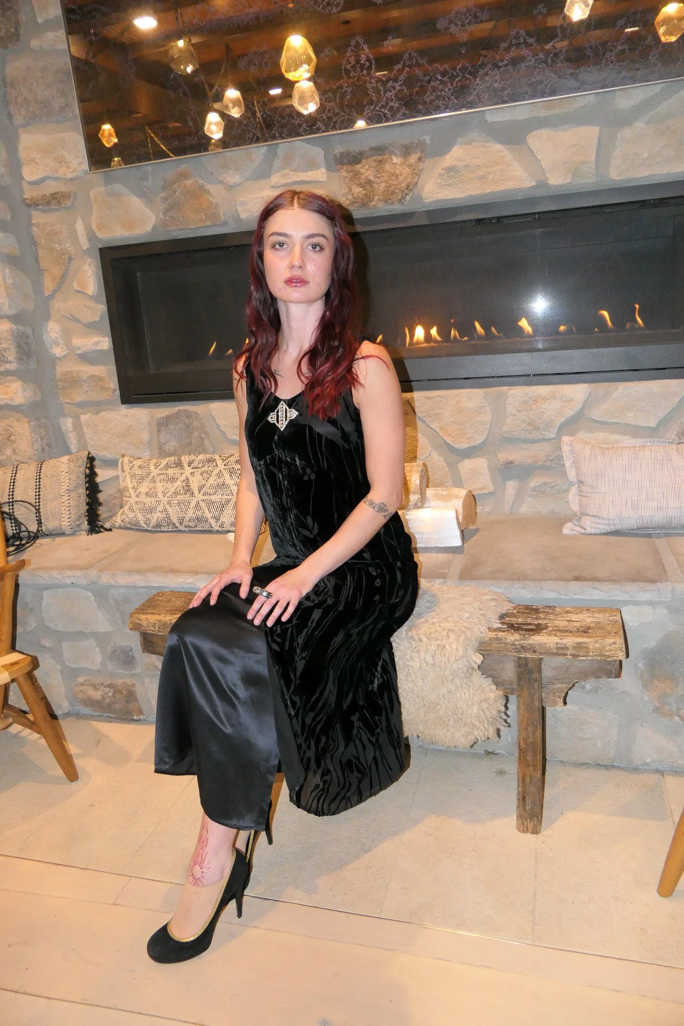 Vintage Y2K David Dart velvet dress with built-in satin slip, antique Art Deco pin.