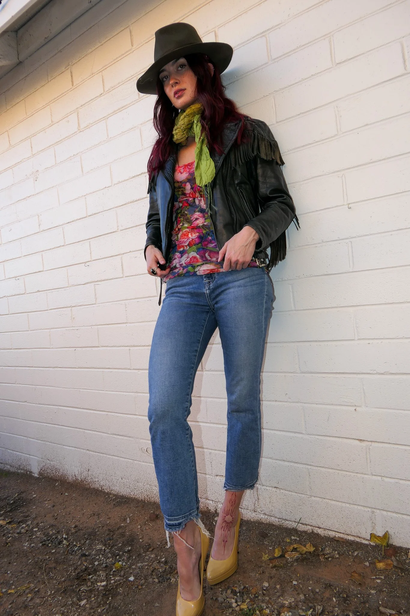 Vintage Fuzzi top, 7 For All Mankind jeans, vintage fringed moto jacket (sold), vintage Alfonso Dominguez silk scarf (sold), Bruno Magli wool felt hat, Vintage Gucci heels