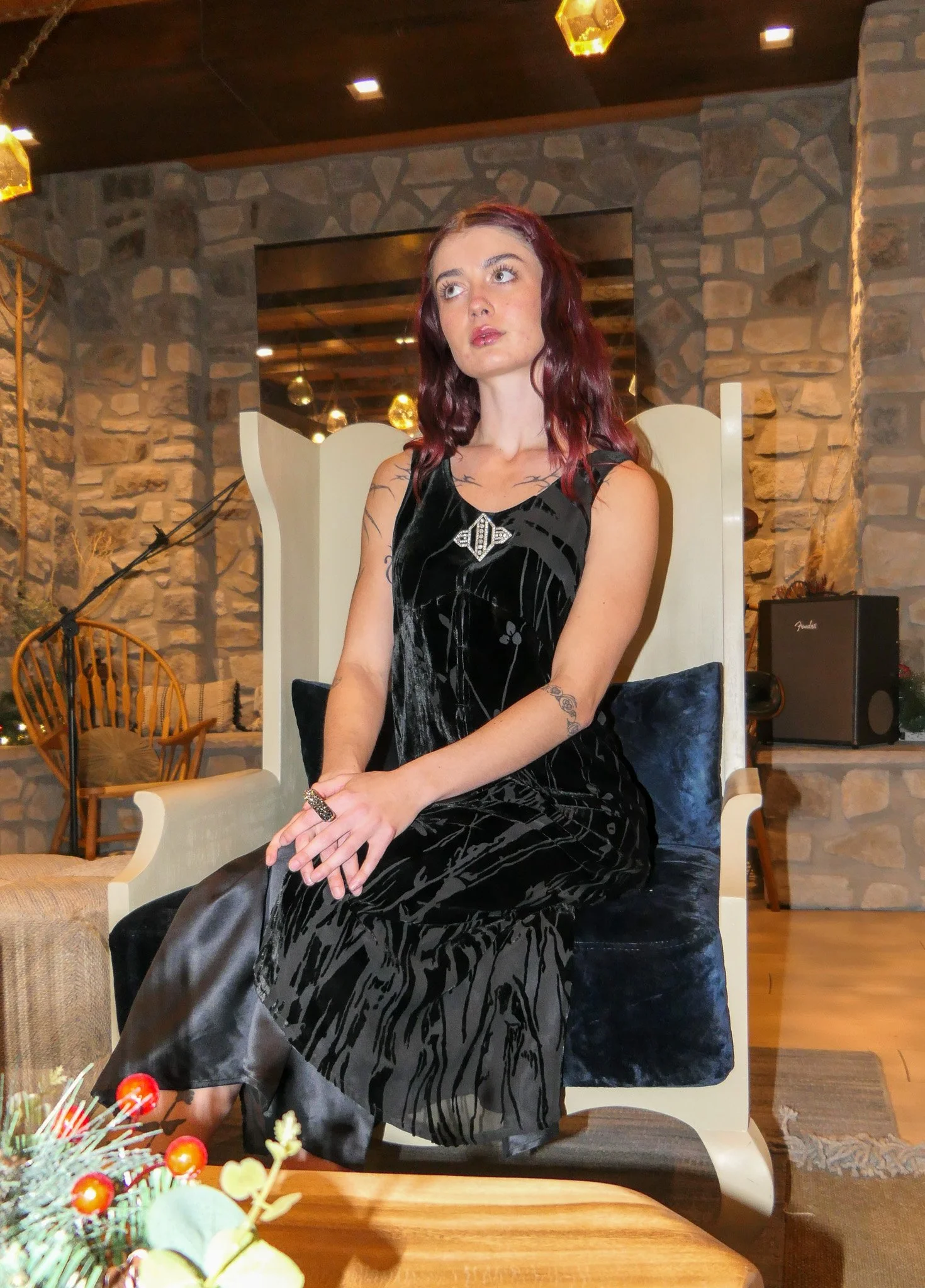 Vintage Y2K David Dart velvet dress with built-in satin slip, antique Art Deco pin.