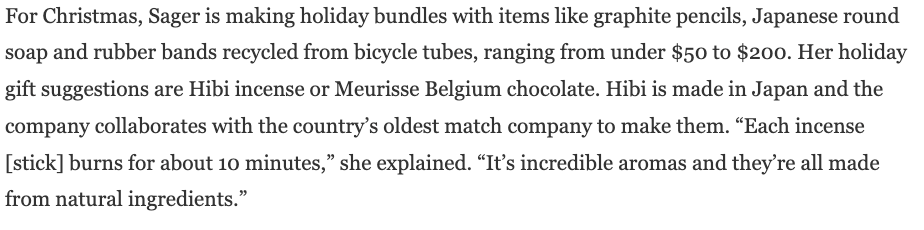Text describing Sager's holiday gift bundles, including graphite pencils, Japanese round soap, rubber bands from bicycle tubes, and chocolates like Hibi incense and Meurisse Belgium, made in Japan.