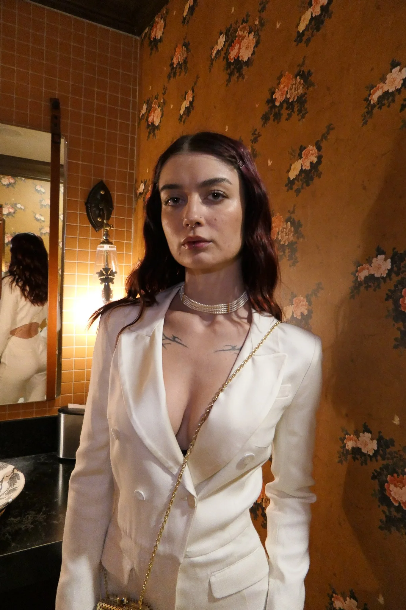 Ba&Sh 2019 Hiver collection body suit with satin collars, covered buttons and peekaboo back.  Size 6, new with tag.  Vintage 80s pearl choker, new with tag.