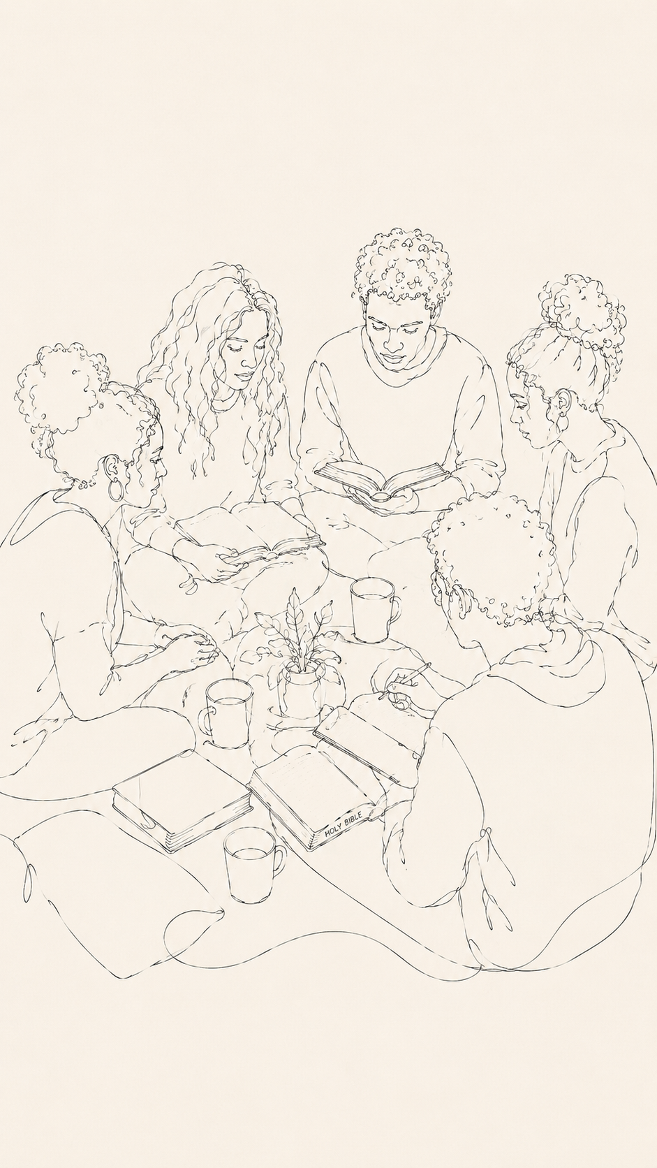 Line drawing of six women and one man sitting around a table reading books and having a discussion. The table has a potted plant, three cups, and a Bible.