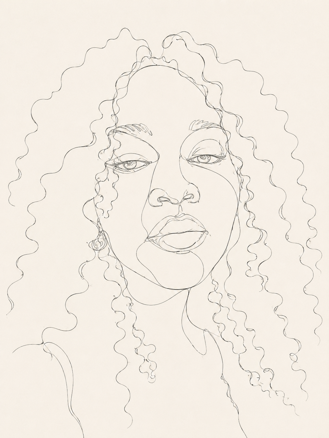 Line drawing of a woman with curly hair and full lips, with detailed facial features.