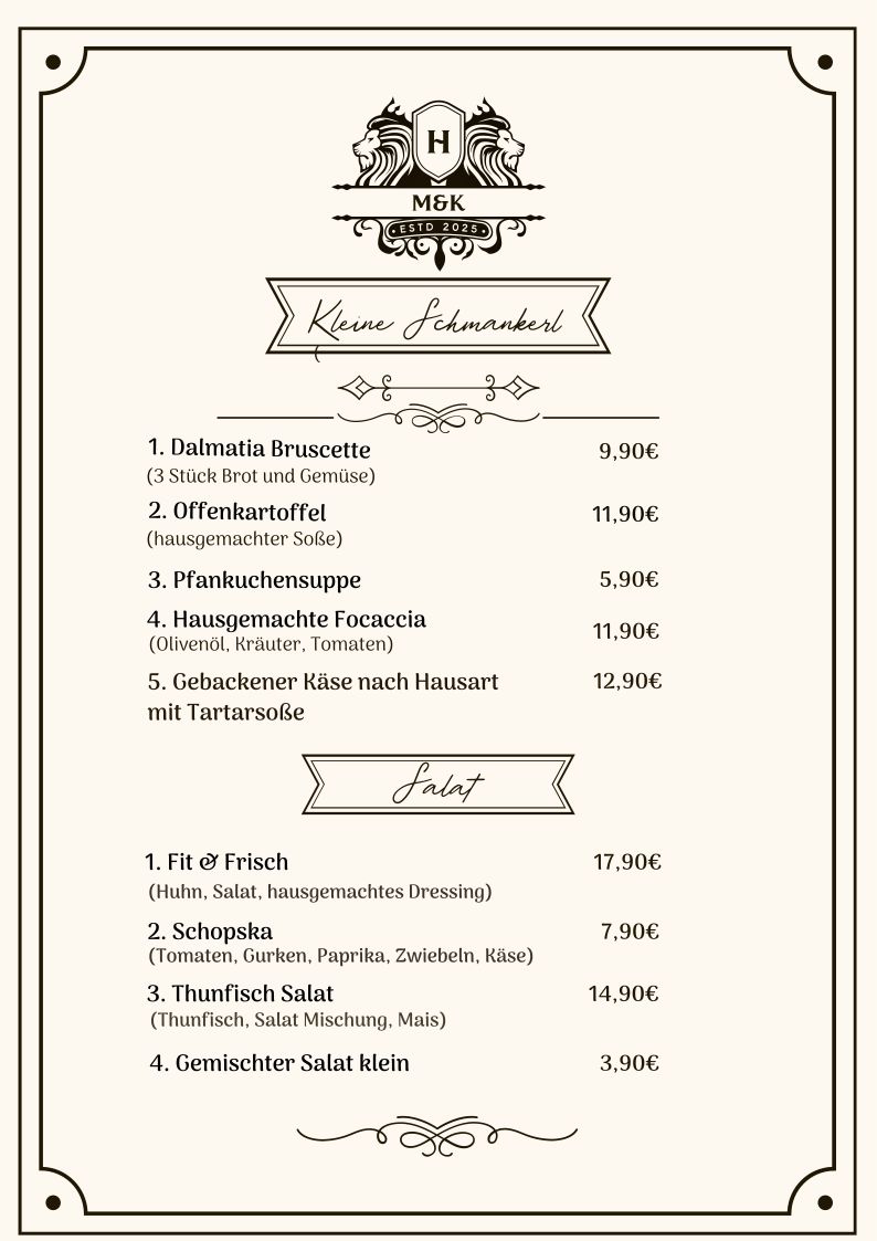 Speisekarte mit Gerichten wie Bruschetta, Ofenkartoffel, Pfannkuchensuppe, Focaccia, Käse und Salate, für ein Restaurant.