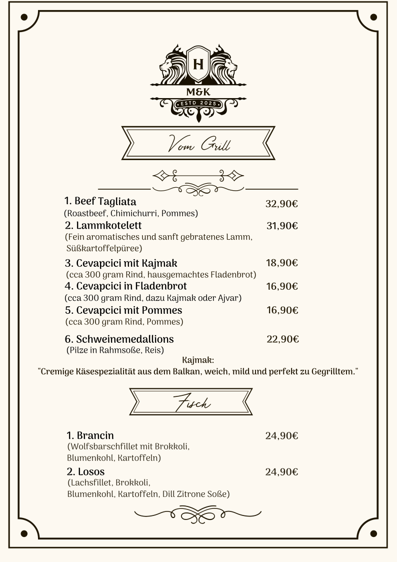 Speisekarte mit Fleisch- und Fischgerichten in deutscher Sprache.