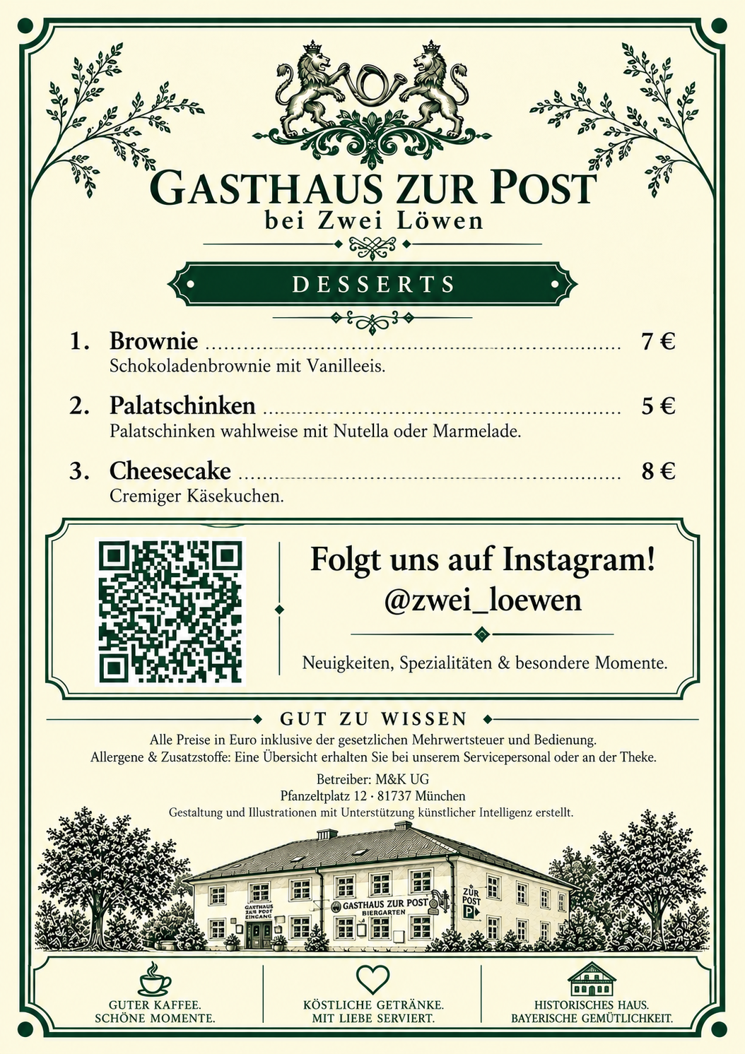 Speisekarte des Gasthauses Zur Post bei Zwei Löwen, mit Angeboten für Brownie, Palatschinken, Cheesecake, QR-Code für Instagram, Bild des Hauses und Informationen zu Preisen, Allergenen und Kontakten.