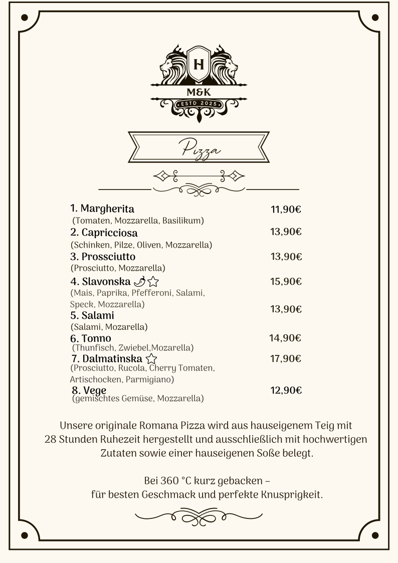 Speisekarte einer Pizzeria mit verschiedenen Pizzasorten und Preisen, darunter Margherita, Capricciosa, Prosciuttto, Slavonska, Salami, Thunfisch, Dalmatinska und Vegetarische.