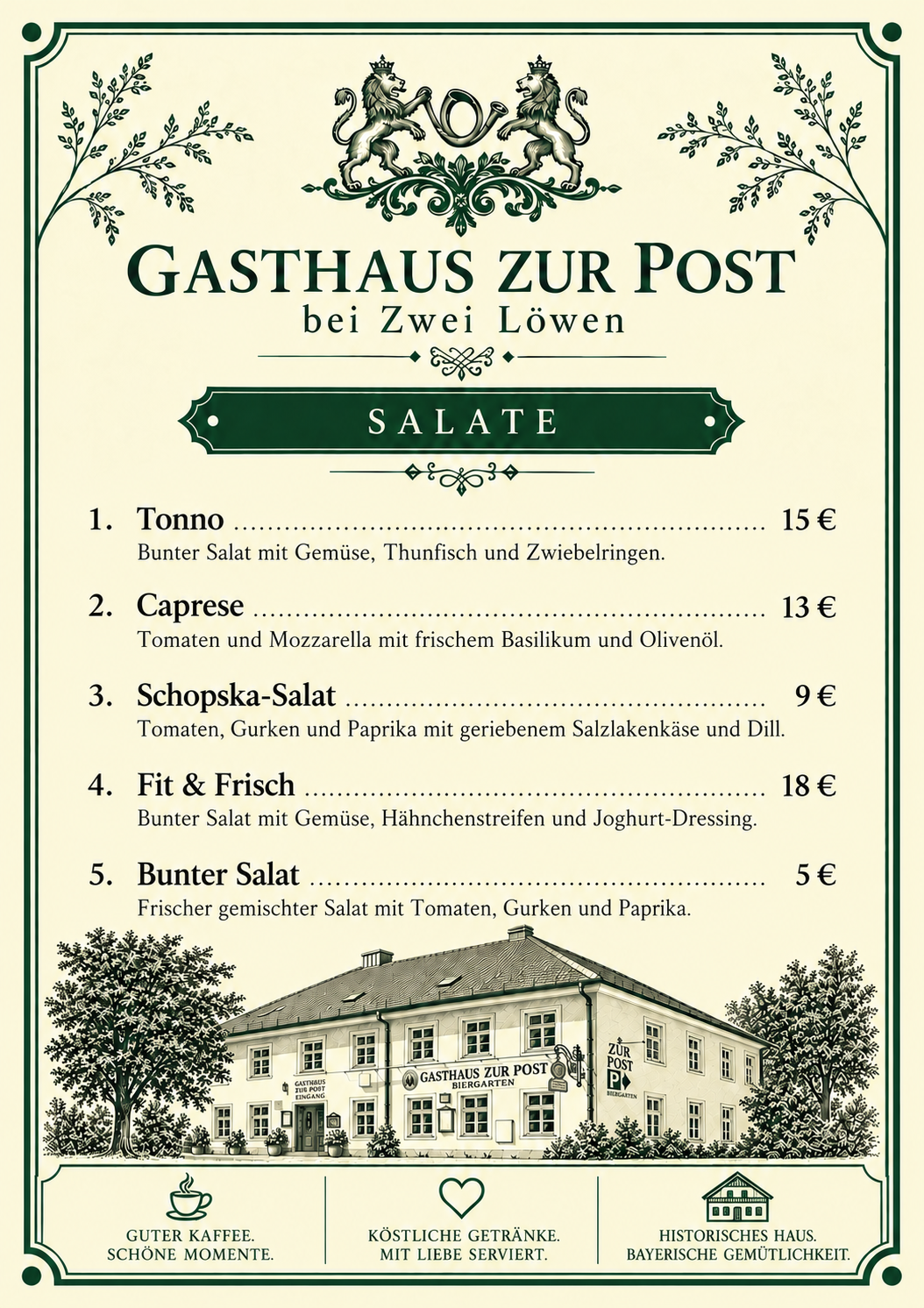 Speisekarte vom Gasthaus zur Post mit Salaten, darunter Tomate, Caprese, Schopska-Salat, Fit & Frisch, Bunter Salat, und einem Bild des Gasthauses, umgeben von Bäumen.