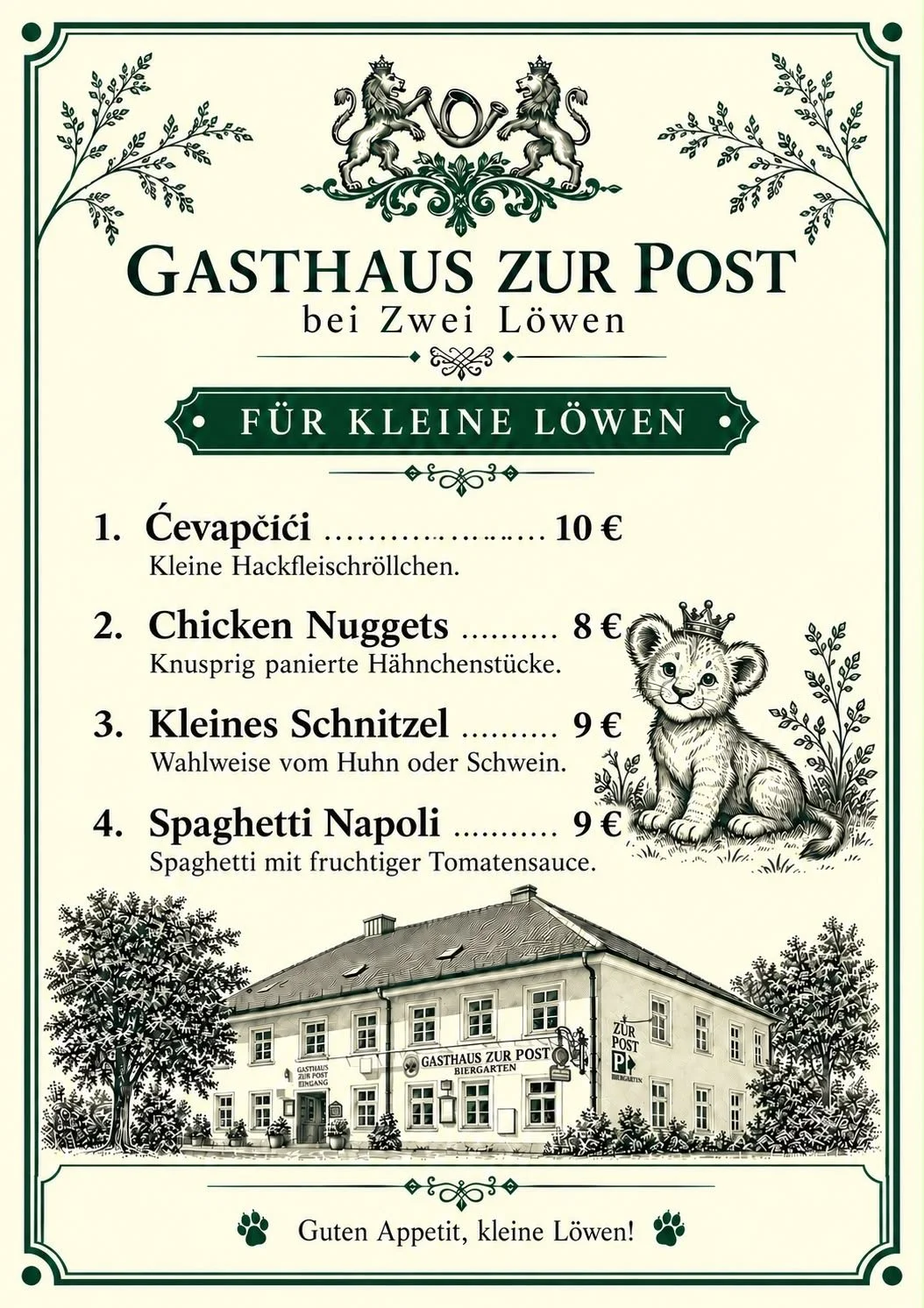 Menü des Gasthauses zur Post bei Zwei Löwen, für kleine Löwen, mit Gerichten wie Ćevapi, Chicken Nuggets, kleines Schnitzel und Spaghetti Napoli, begleitet von einem Bild eines Hauses und einem kleinen Löwen mit Krone.