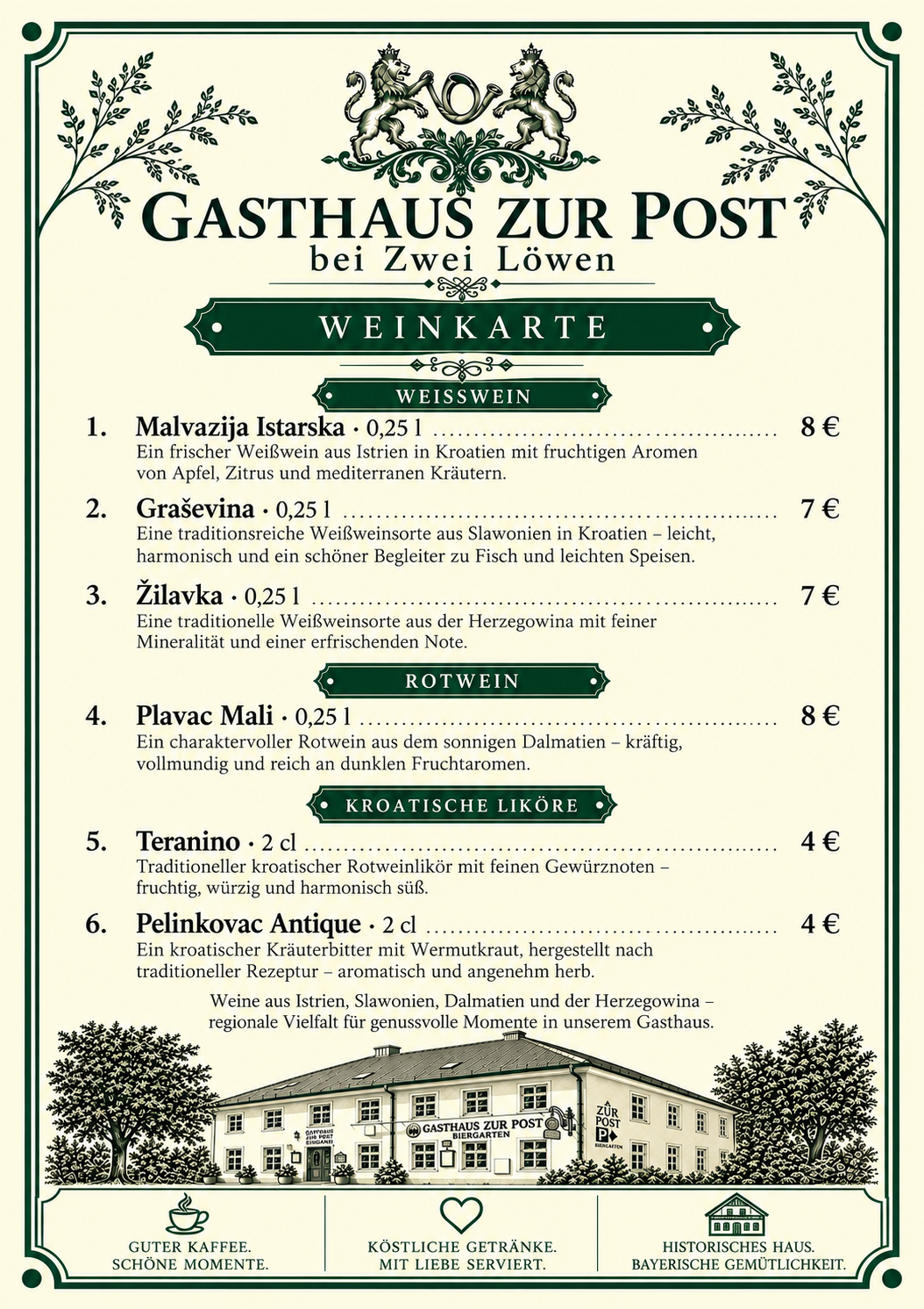 Speisekarte für ein Gasthaus namens 'Gasthaus zur Post' bei 'Zwei Löwen' mit Wein-, Rotwein- und Krotische Liköre Auswahl, inklusive Preise und Beschreibungen, sowie eine Illustration des Gasthauses am unteren Rand.