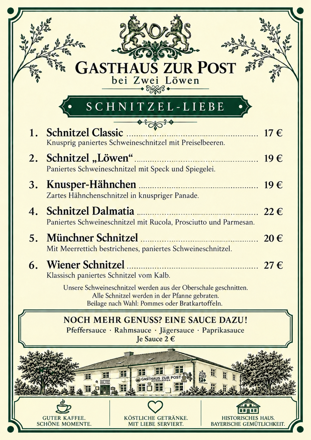 Speisekarte eines Gasthofs mit verschiedenen Schnitzelgerichten und Preisen, dekorative Elemente, Illustration eines Hauses und Bäume.