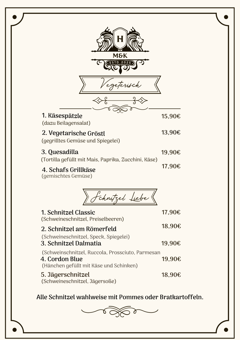 Eine Speisekarte mit vegetarischen und Schnitzelgerichten, inklusive Preise in Euro.