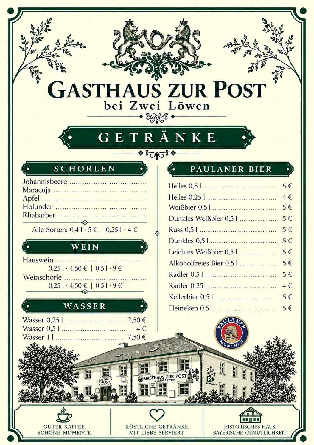 Speisekarte für das Gasthaus zur Post bei Zwei Löwen, mit Getränkenliste einschließlich Schorlen, Wein, Wasser, Paulaner Bier und anderen alkoholischen und alkoholfreien Getränken, mit einer Illustration des Gasthauses und dem Logo."