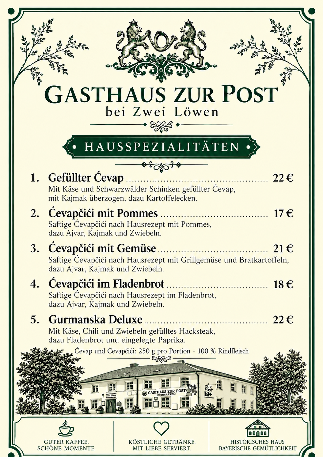 Speisekarte des Gasthauses zur Post bei Zwei Löwen mit verschiedenen Gerichten wie gefüllter Čevapčiči, Čevapčiči mit Pommes, Gemüse, im Fladenbrot und Gurmanska Deluxe, sowie Preisen und einer Illustration des Gasthauses.