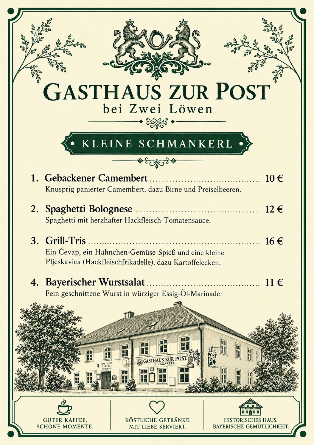 Speisekarte für das Gasthaus zur Post, featuring vier Gerichte mit Preisen, darunter Gebackener Camembert, Spaghetti Bolognese, Grill-Tris und Bayerischer Wurstsalat, mit Illustration eines historischen Gebäudes und Bäumen im Hintergrund.