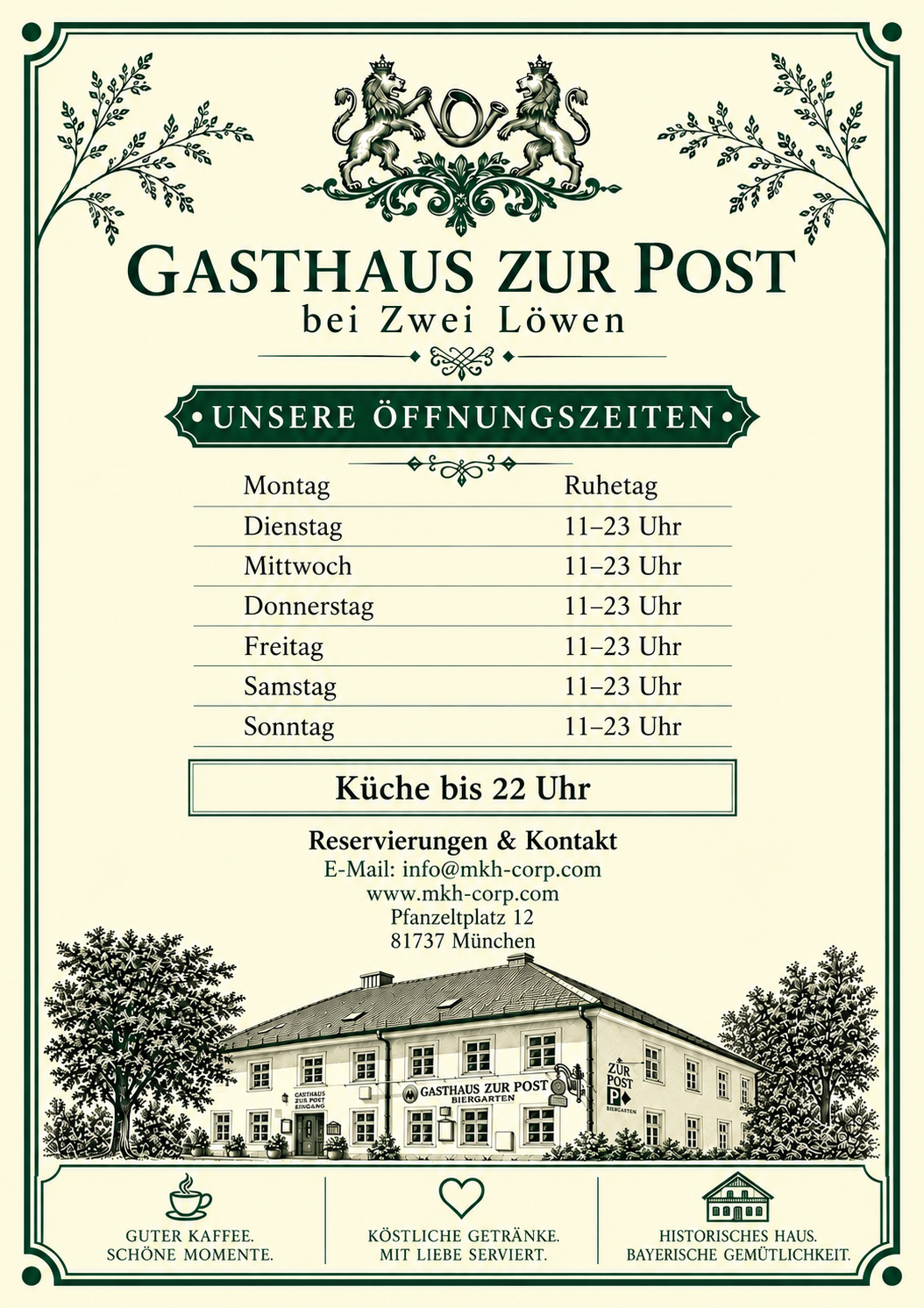 Speisekarte für das Gasthaus zur Post bei Zwei Löwen mit Öffnungszeiten, Kontaktinformationen, einer Illustration des Gebäudes und dekorativen Elementen.