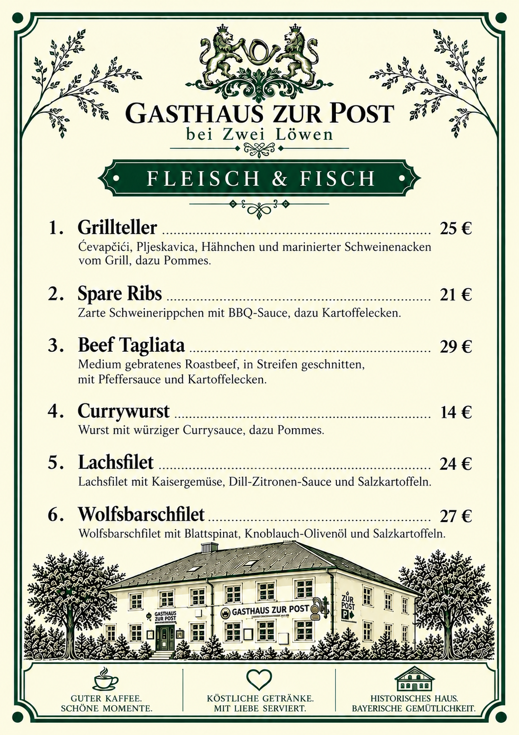 Menükarte eines Gasthaus mit Fleisch- und Fischgerichten, Illustration des Hauses und dekorative Elemente.