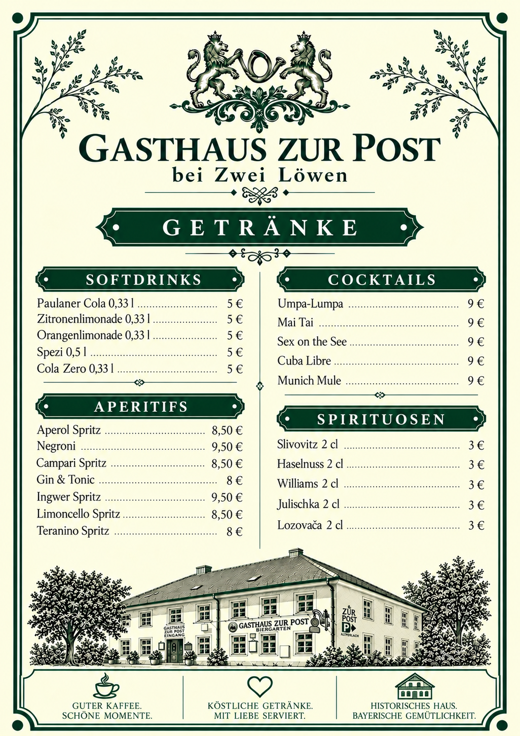 Speisekarte eines Gasthauses namens 'Zur Post' bei 'Zwei Löwen', mit Getränken, Cocktails, Spirituosen, Aperitifs und Softdrinks, sowie einem Hausbild am unteren Rand.