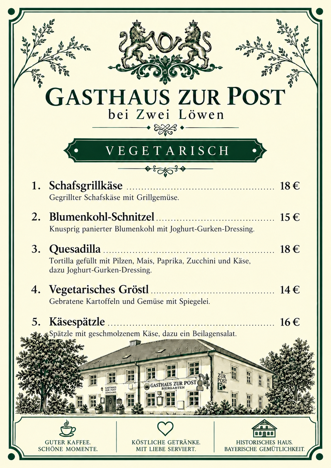 Speisekarte des Gasthauses zur Post bei Zwei Löwen, vegetarische Gerichte, mit aufgelisteten Speisen und Preisen.