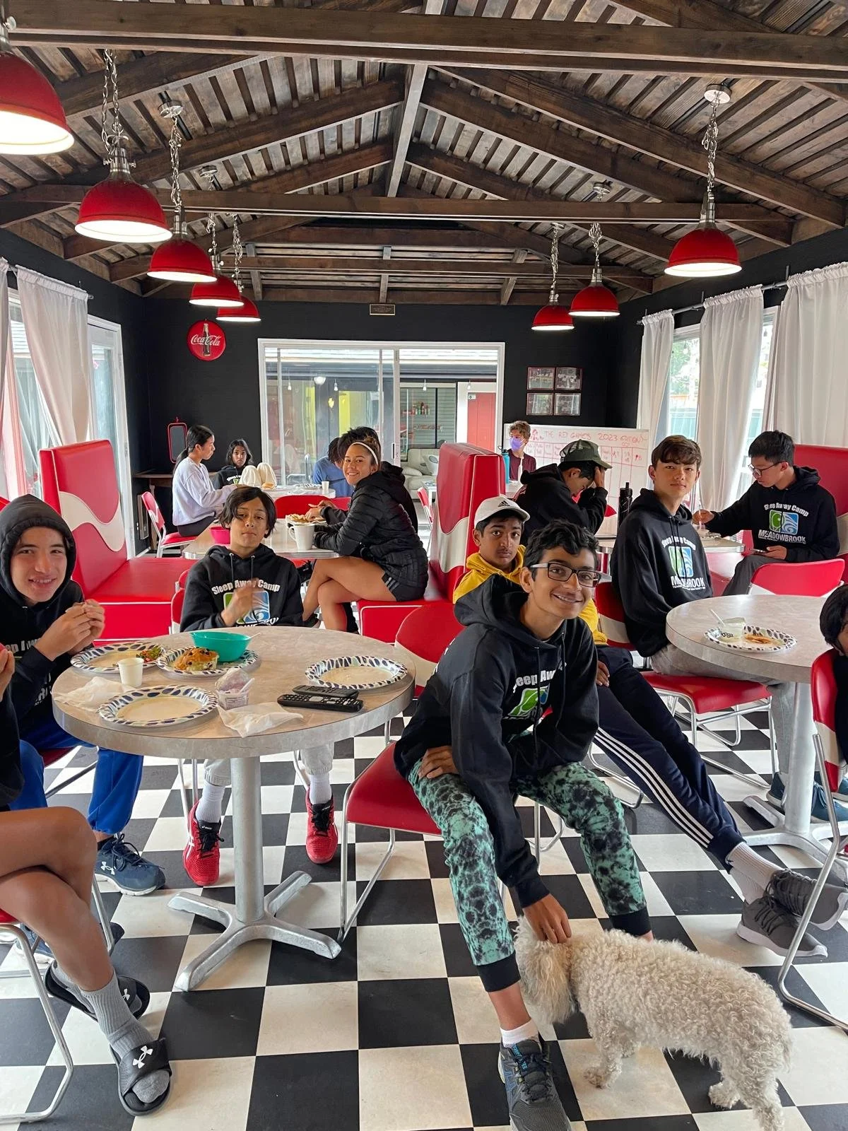 Group of teenagers enjoying a meal in a retro-style diner with red and white decor, black and white checkered floor, and wooden ceiling. Some are sitting at round tables with plates of food, while one person is petting a small white dog.