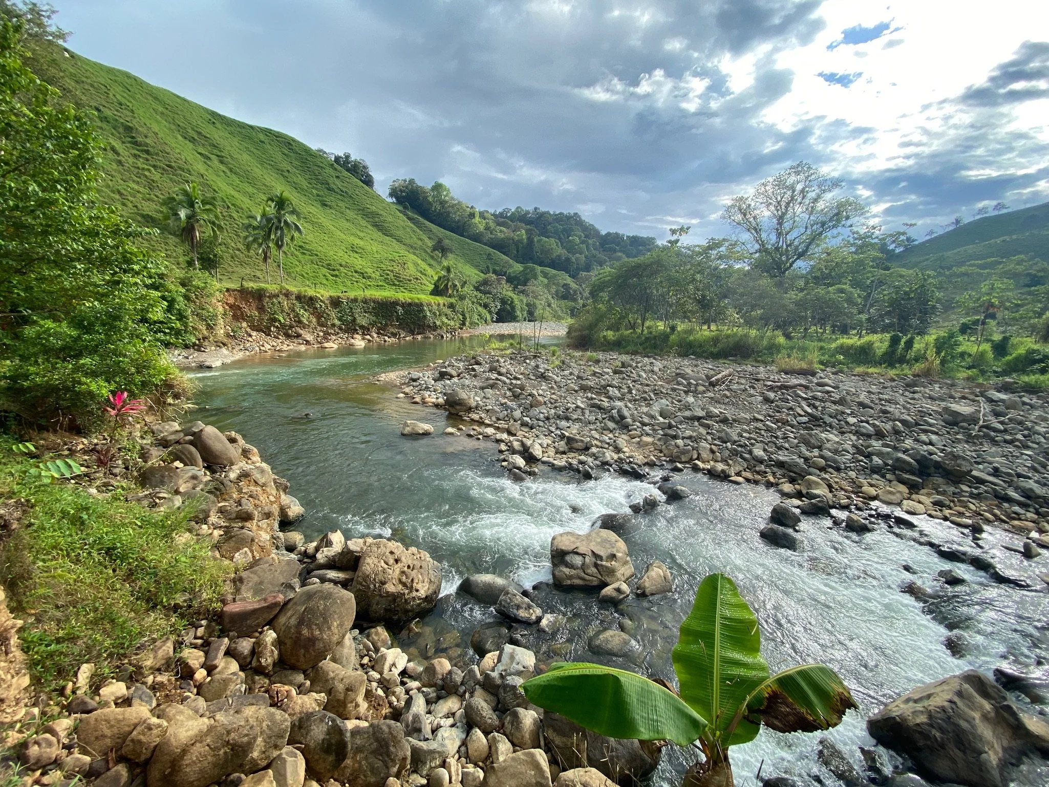 A river flowing through a lush green valley with hills on both sides, some with palm trees, under a partly cloudy sky.