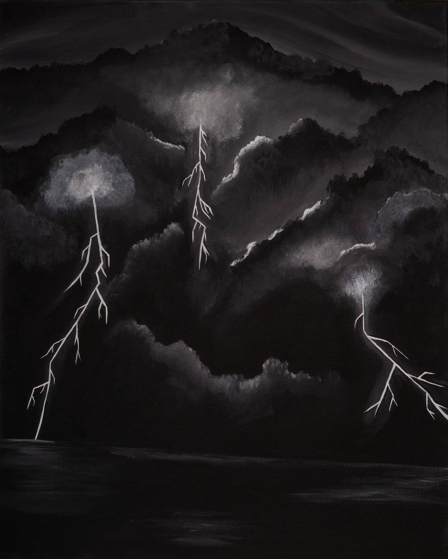 &lsquo;Thunderclap&rsquo;

The painting captures a turbulent storm over an expanse of water, rendered in striking black and white. The artwork evokes a feeling of raw power and nature&rsquo;s unpredictability, inviting viewers to contemplate the subl