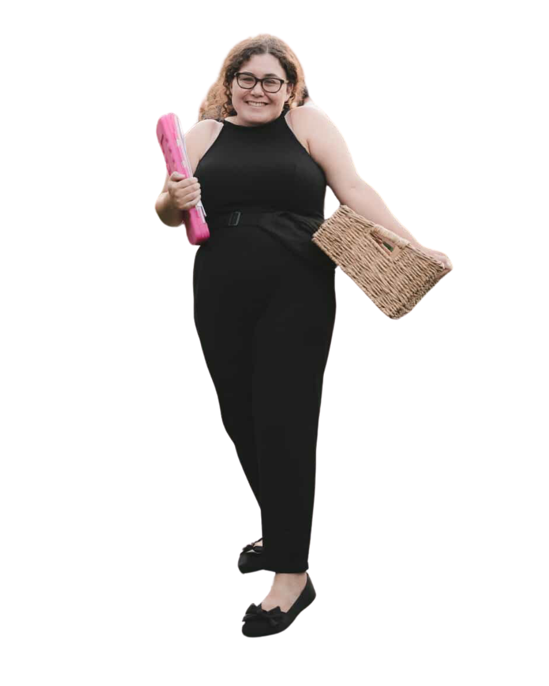 Marissa smiling as she holds a pink clipboard in one hand and a basket in the other