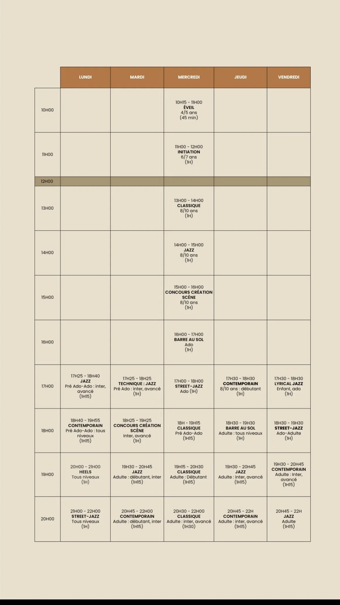 Planning 2026 2027 classique jazz contemporain street jazz heels éveil initiation barre au sol concours