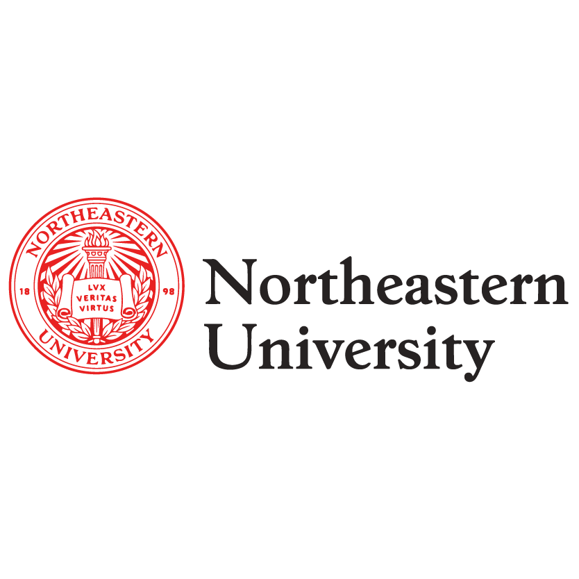 Northeastern University logo with a red circular seal featuring a torch, a book with Latin text, and laurel branches, next to the university name in black text.