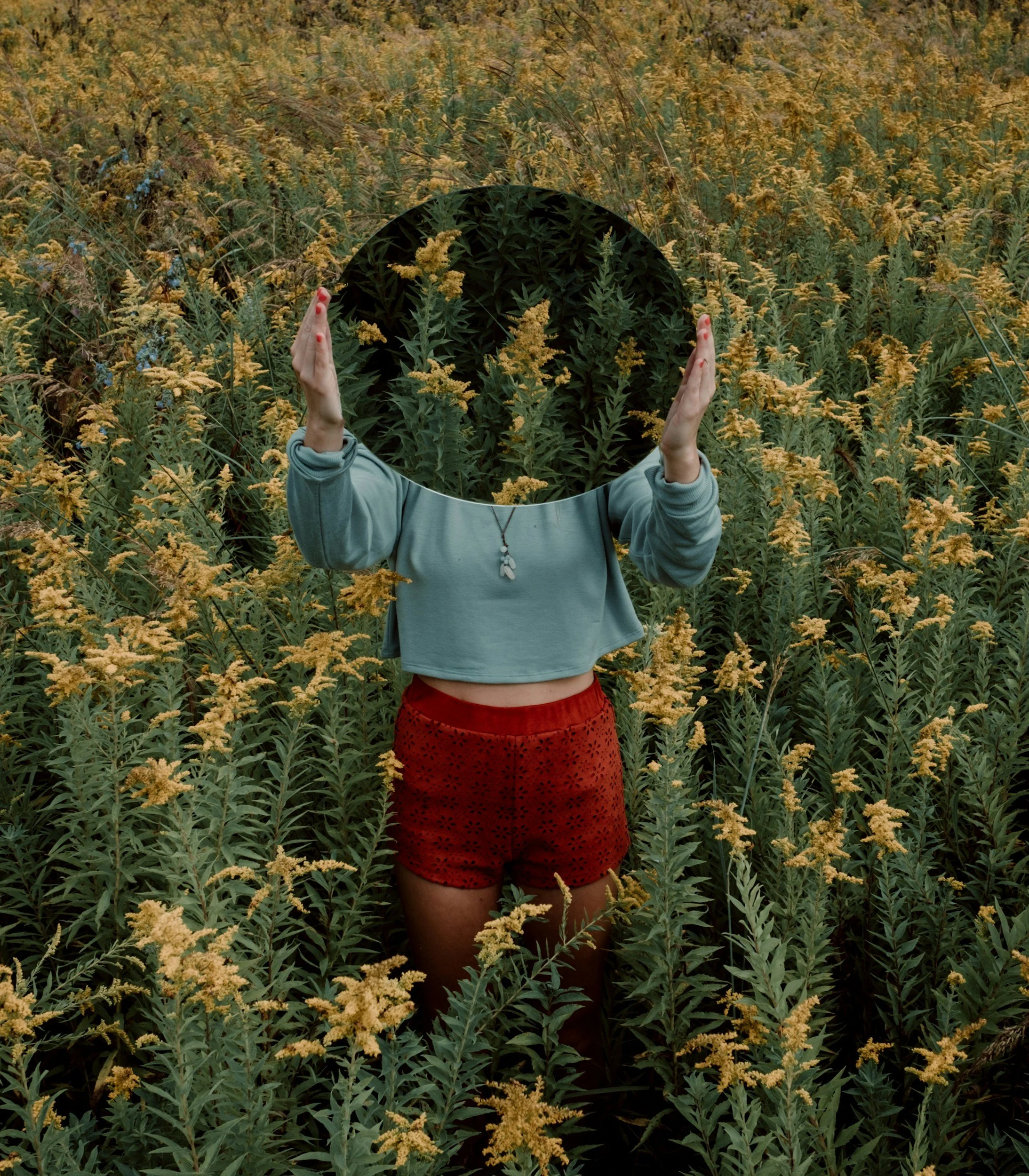 A person standing in a yellow flower field holding a mirror reflecting trees, with their head replaced by the mirror showing a dark green forest.