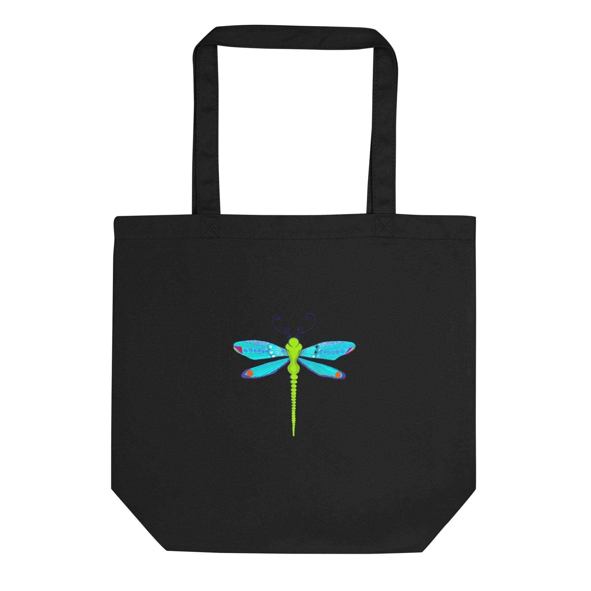 Black tote bag with a colorful dragonfly design on the front.