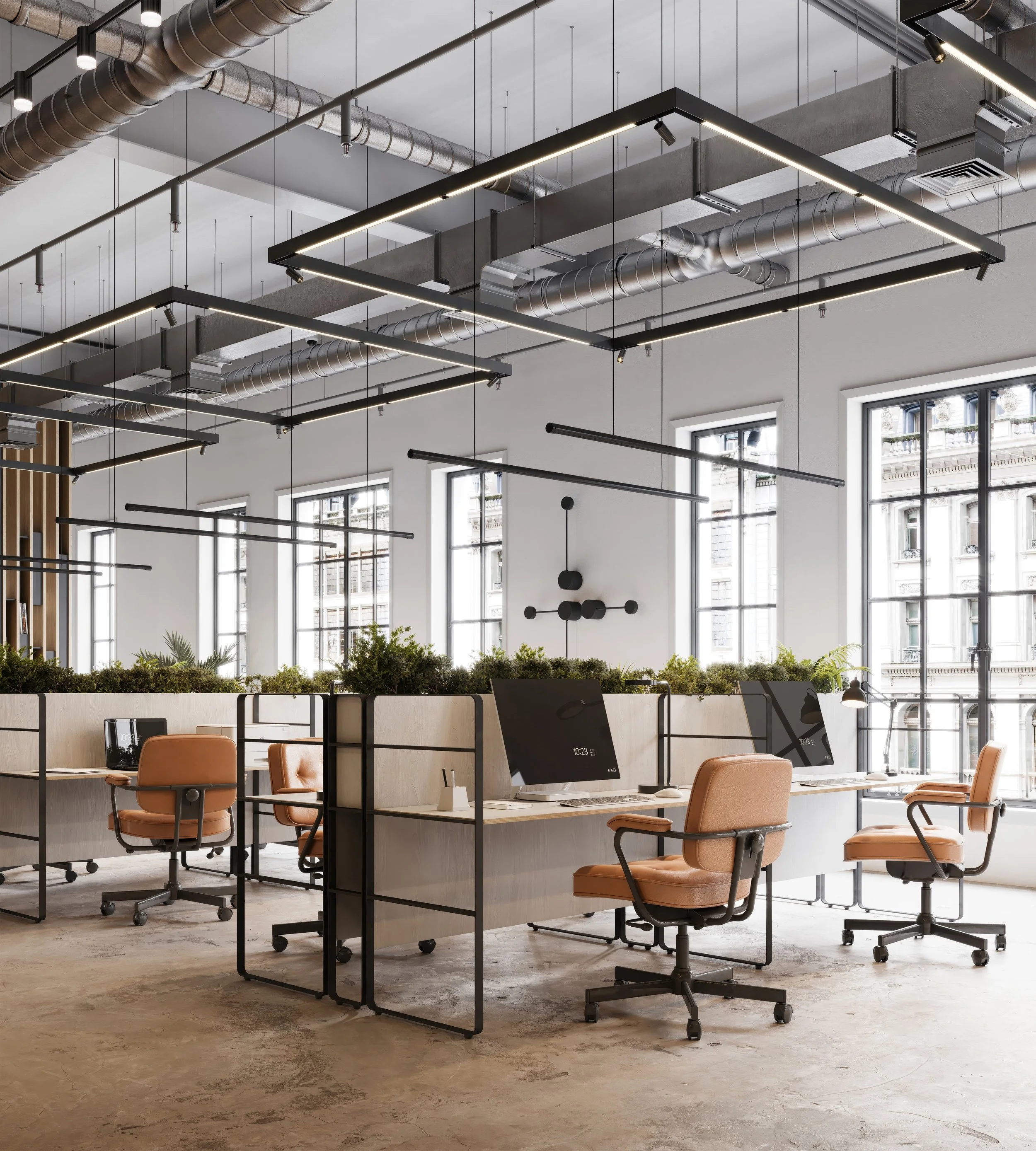 Modern office with open workspace, beige desks with computers, orange office chairs, large windows, green plants, industrial ceiling with exposed ductwork, and black modern lighting fixtures.