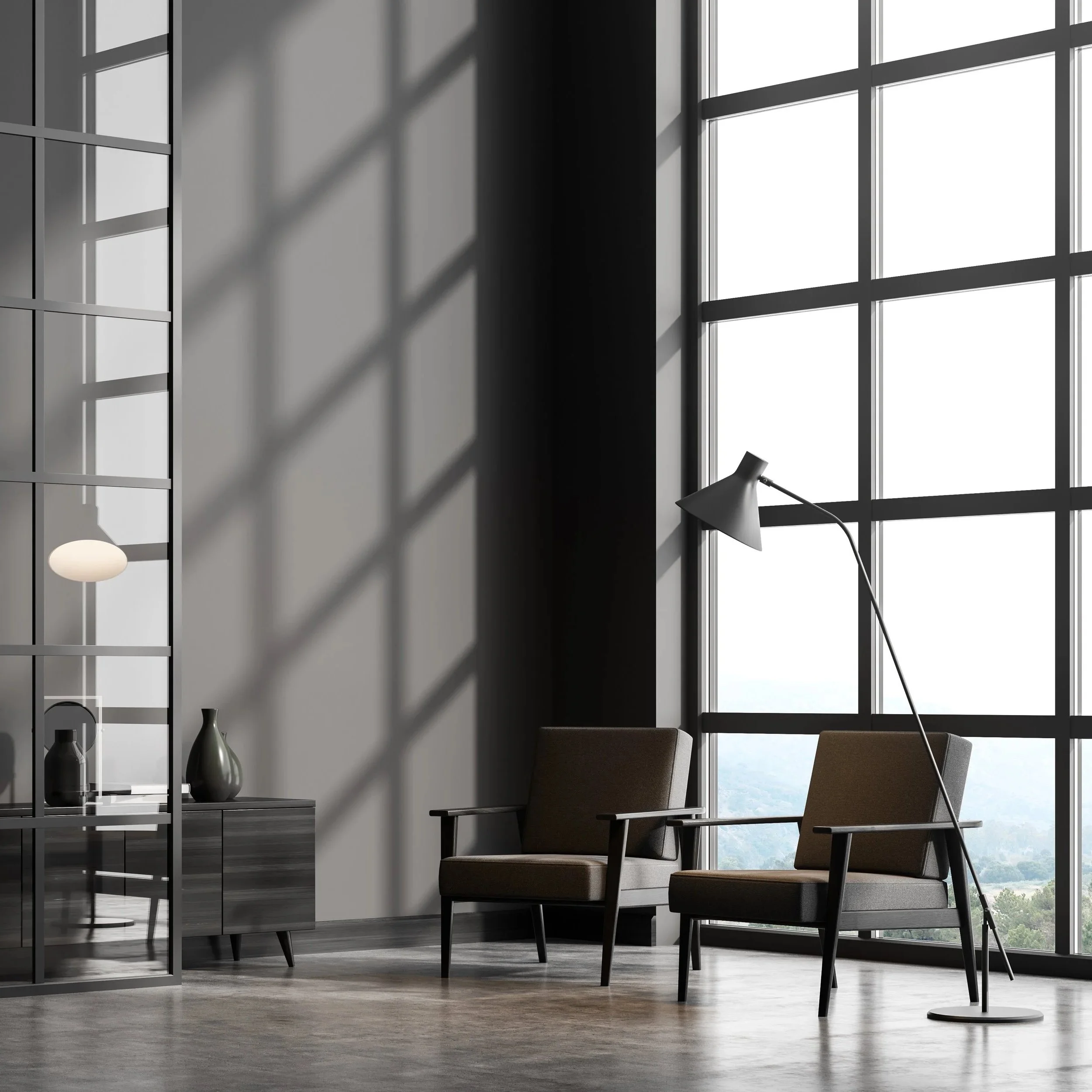 Modern living room with large grid window casting shadows on the wall, two brown armchairs, a black floor lamp, and a sideboard with vases inside.