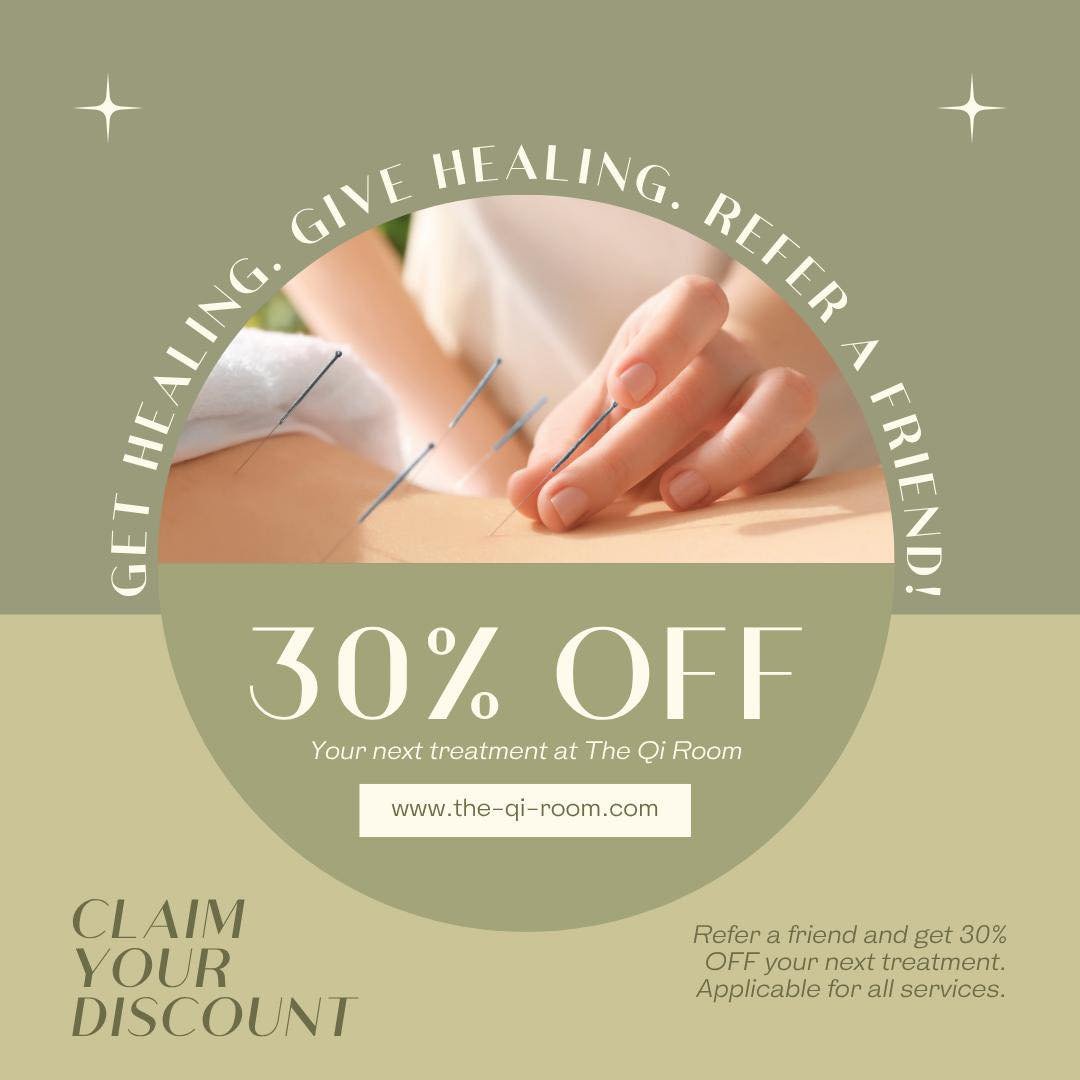 ✨ Give Healing, Get 30% OFF! ✨
Loved your sessions with me at The Qi Room? Share the experience! 💛

🌿 How it works:
1️⃣ Tell a friend about The Qi Room.
2️⃣ They book their first appointment and mention your name.
3️⃣ You get 30% OFF your next trea