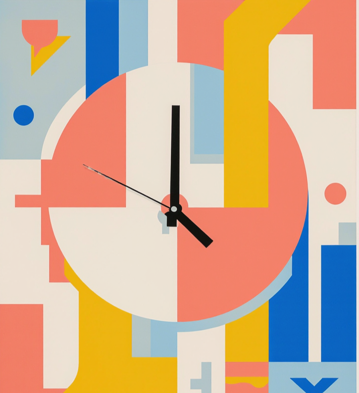 Colorful abstract geometric artwork with a clock face at the center, featuring black clock hands and a thin black second hand, surrounded by blocks of red, yellow, blue, and white shapes.