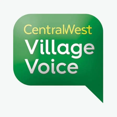 Logo of Central West Village Voice with green speech bubble background and yellow and white text.