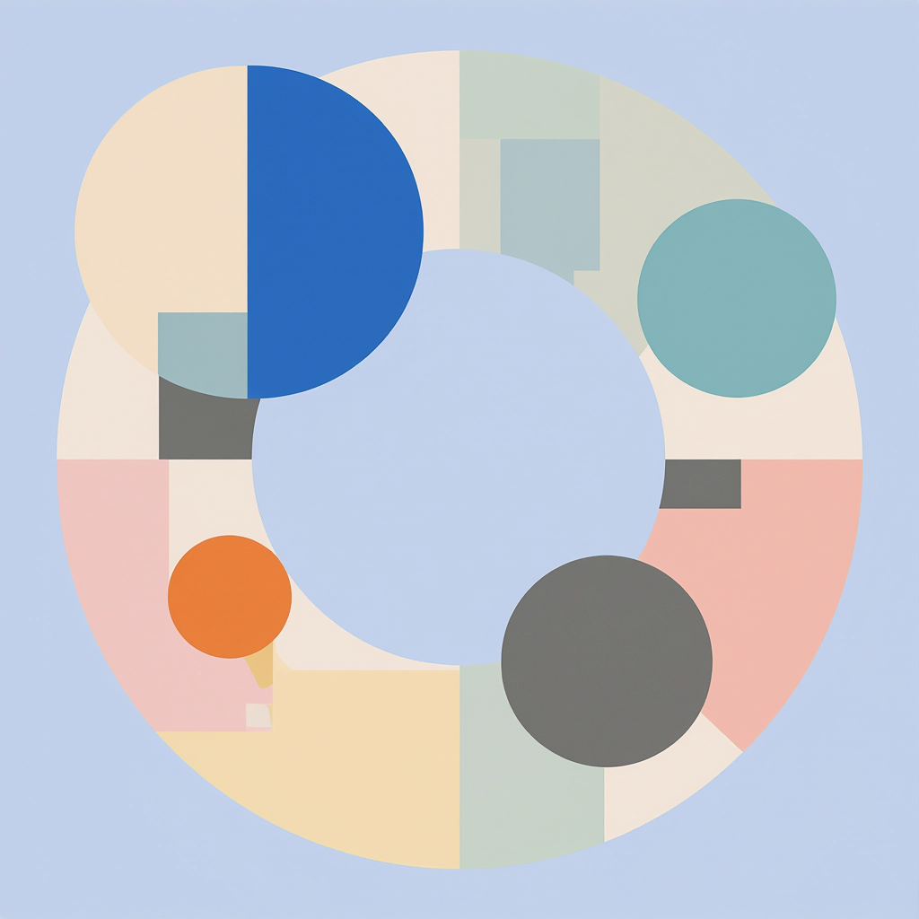 Abstract geometric design featuring circles and rectangles in pastel colors on a light blue background.