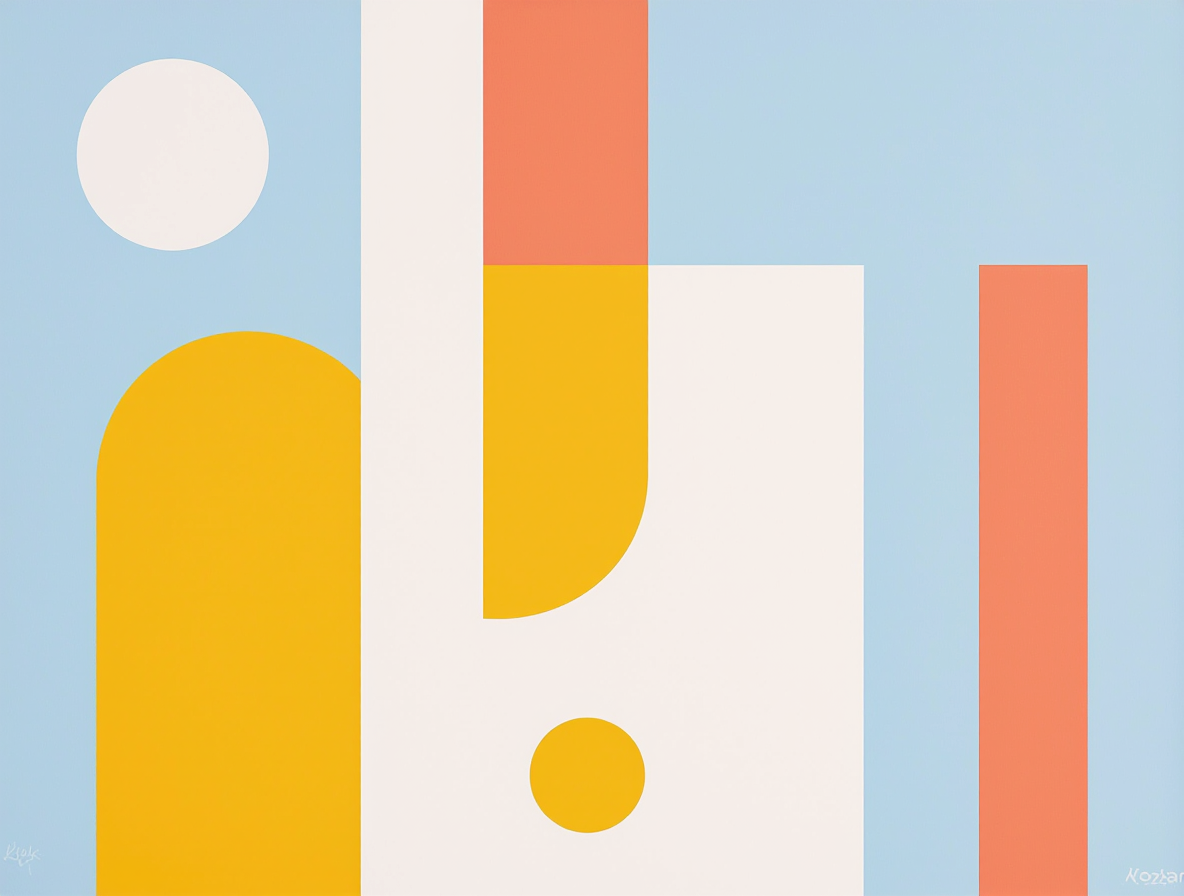 Abstract colorful geometric shapes on a light blue background, including circles, rectangles, and a rounded shape in yellow, pink, white, and orange.