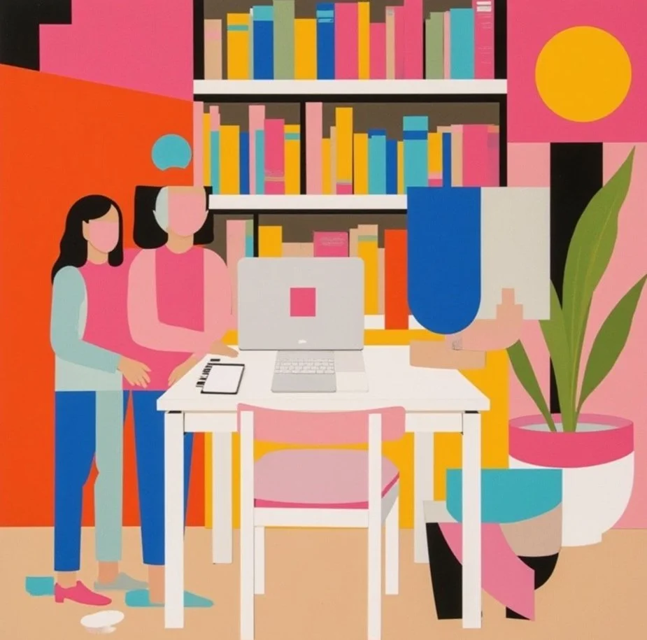Illustration of two women standing next to a desk with a laptop, in a colorful room with bookshelves, a large plant, and vibrant wall decor.